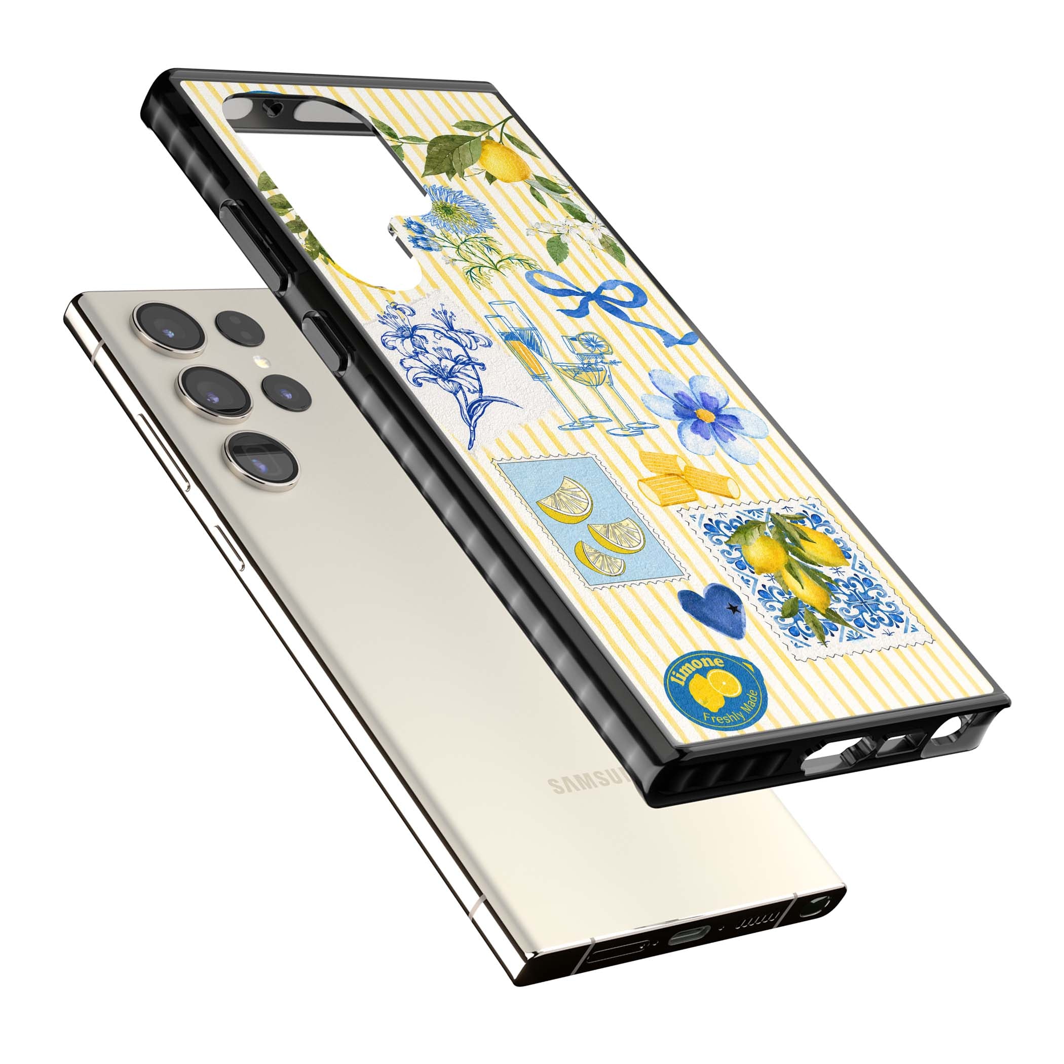 Limone Riviera Italian summer iPhone case featuring watercolour lemons, blue ribbon bows and majolica tile stamps on... | Black Impact case for Samsung Galaxy S24 Ultra, Samsung Galaxy S23 Ultra, Samsung Galaxy S22 Ultra