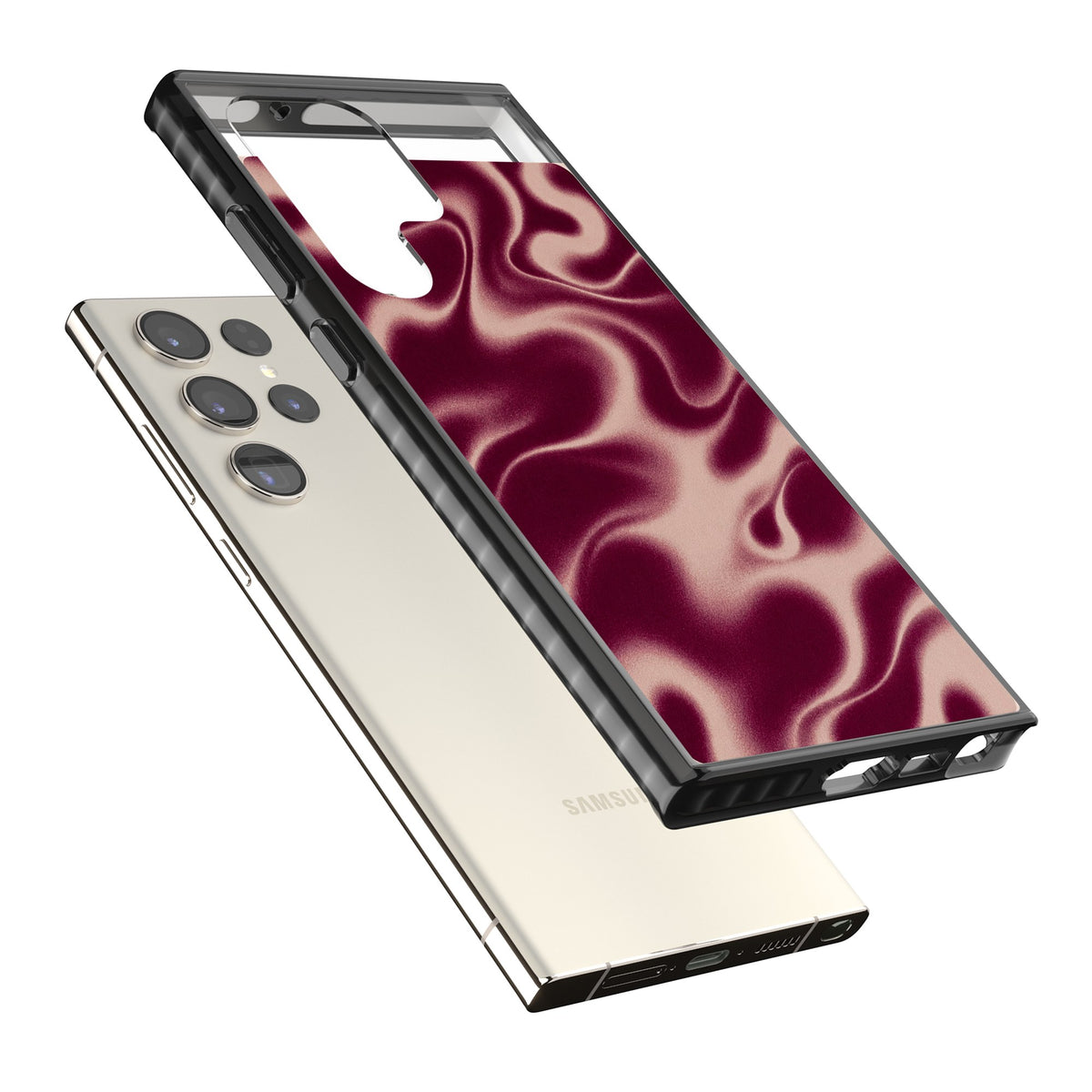 Merlot Sand abstract iPhone case featuring burgundy liquid satin waves, rose-gold highlights and silky folds Samsung S22 Ultra / Samsung S23 Ultra / Samsung S24 Ultra Impact Black Phone Case angled