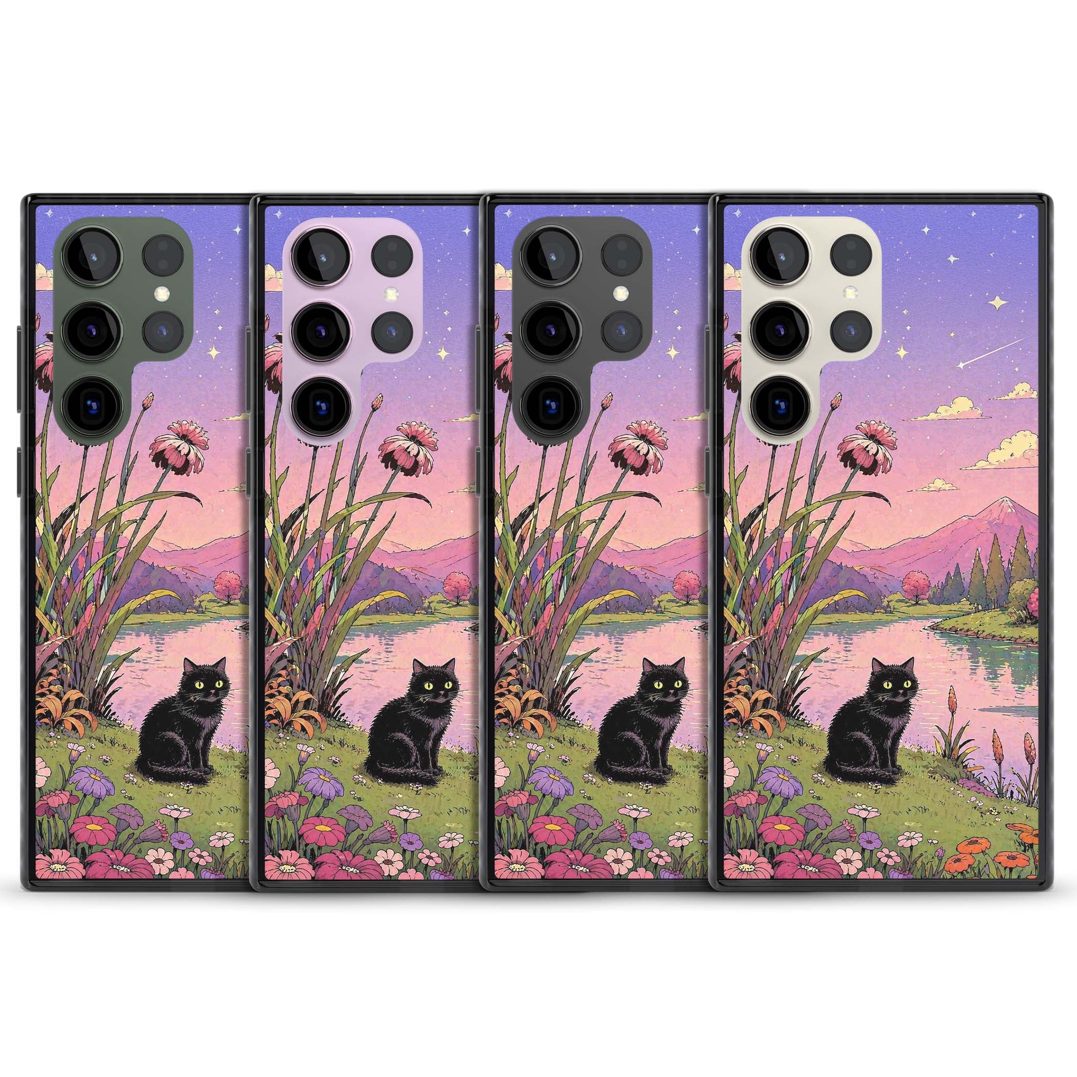 Mystic Whiskers ghibli iPhone case featuring a black cat by a pastel lake, wildflowers and a starry sunset sky | Black Impact case for Samsung Galaxy S24 Ultra, Samsung Galaxy S23 Ultra, Samsung Galaxy S22 Ultra