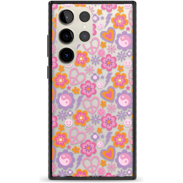 Peace, Love and Flowers Pattern Phone Case Samsung S22 Ultra / Black Impact Case,Samsung S23 Ultra / Black Impact Case Blanc Space