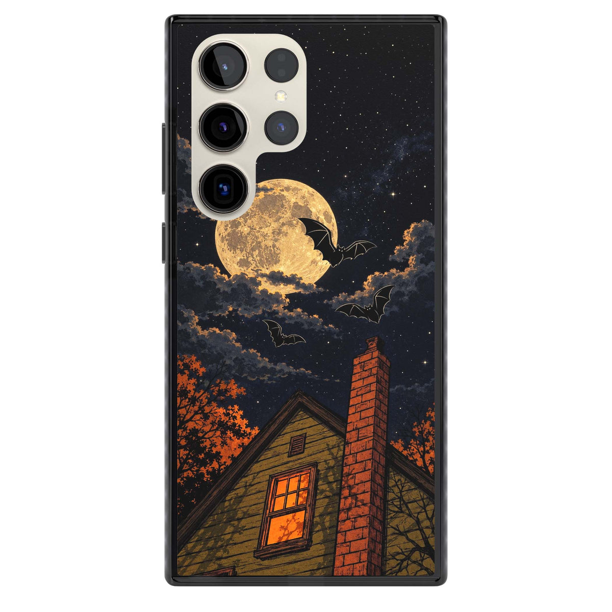 Hollows Eve Halloween iPhone case featuring a haunted house, full moon and flying bats against a starry autumn sky | Black Impact case for Samsung Galaxy S24 Ultra, Samsung Galaxy S23 Ultra, Samsung Galaxy S22 Ultra
