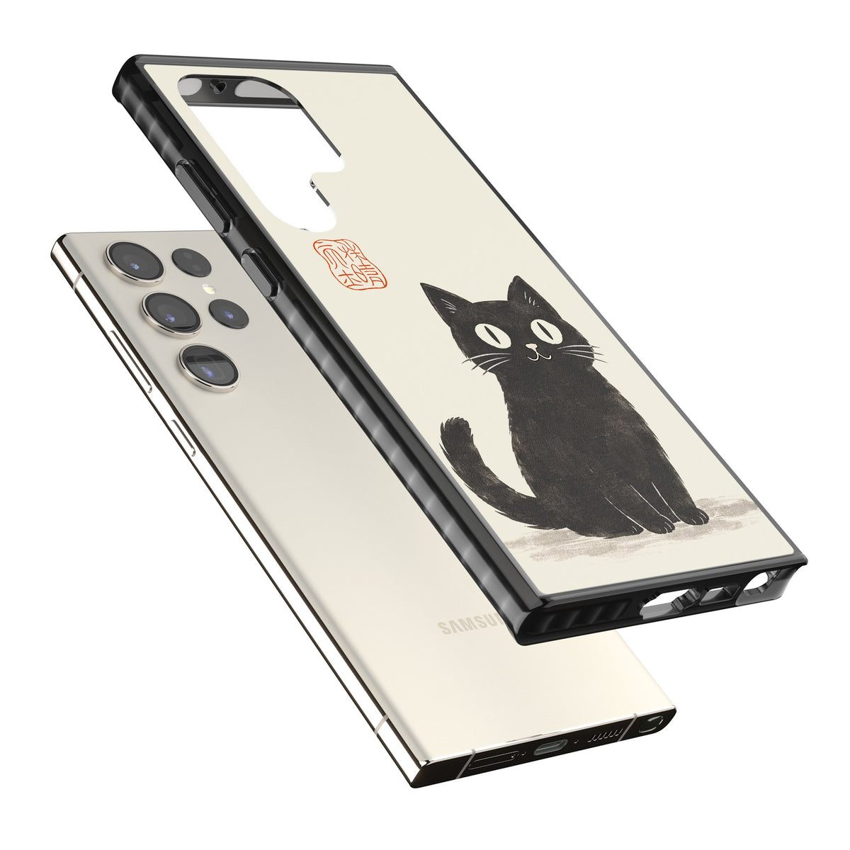 Black Ink Brushstroke Cat Samsung S22 Ultra / Samsung S23 Ultra / Samsung S24 Ultra Impact Black Phone Case angled