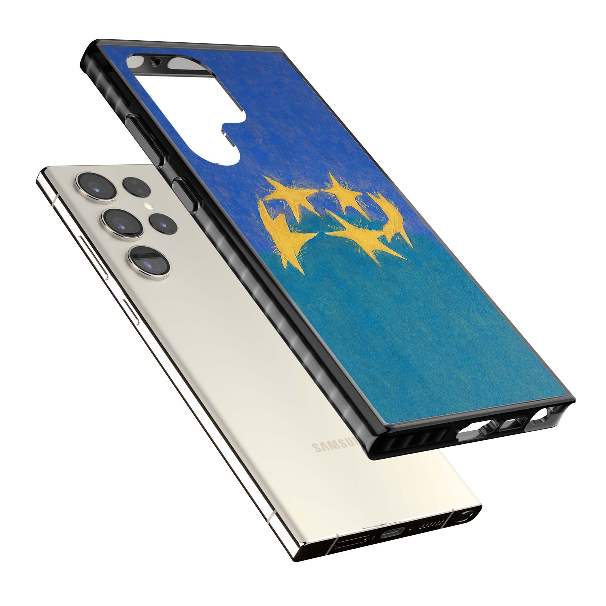 Star Boogie stars aesthetic iPhone case featuring five yellow hand-painted stars on cobalt blue and teal | Black Impact case for Samsung Galaxy S24 Ultra, Samsung Galaxy S23 Ultra, Samsung Galaxy S22 Ultra