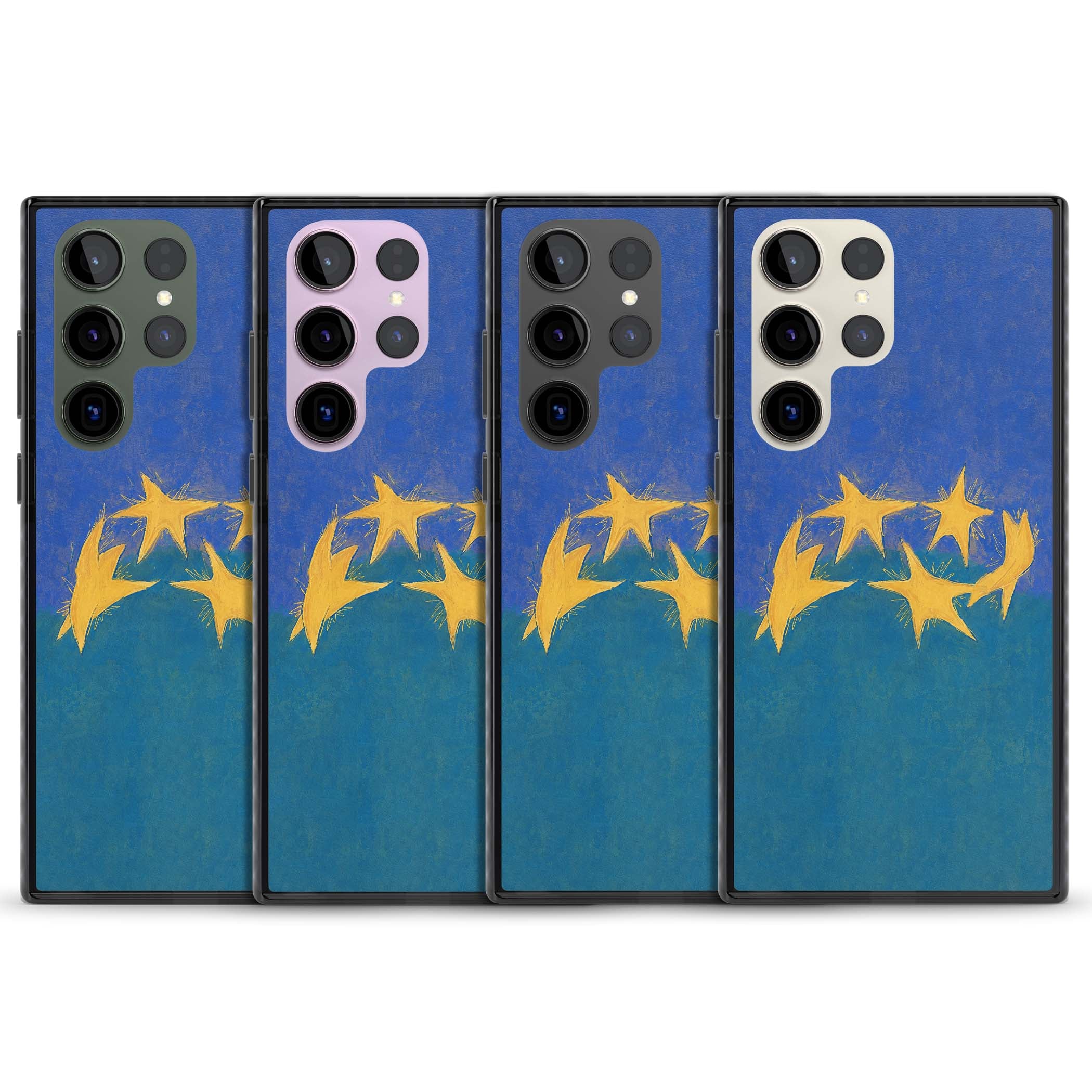 Star Boogie stars aesthetic iPhone case featuring five yellow hand-painted stars on cobalt blue and teal | Black Impact case for Samsung Galaxy S24 Ultra, Samsung Galaxy S23 Ultra, Samsung Galaxy S22 Ultra