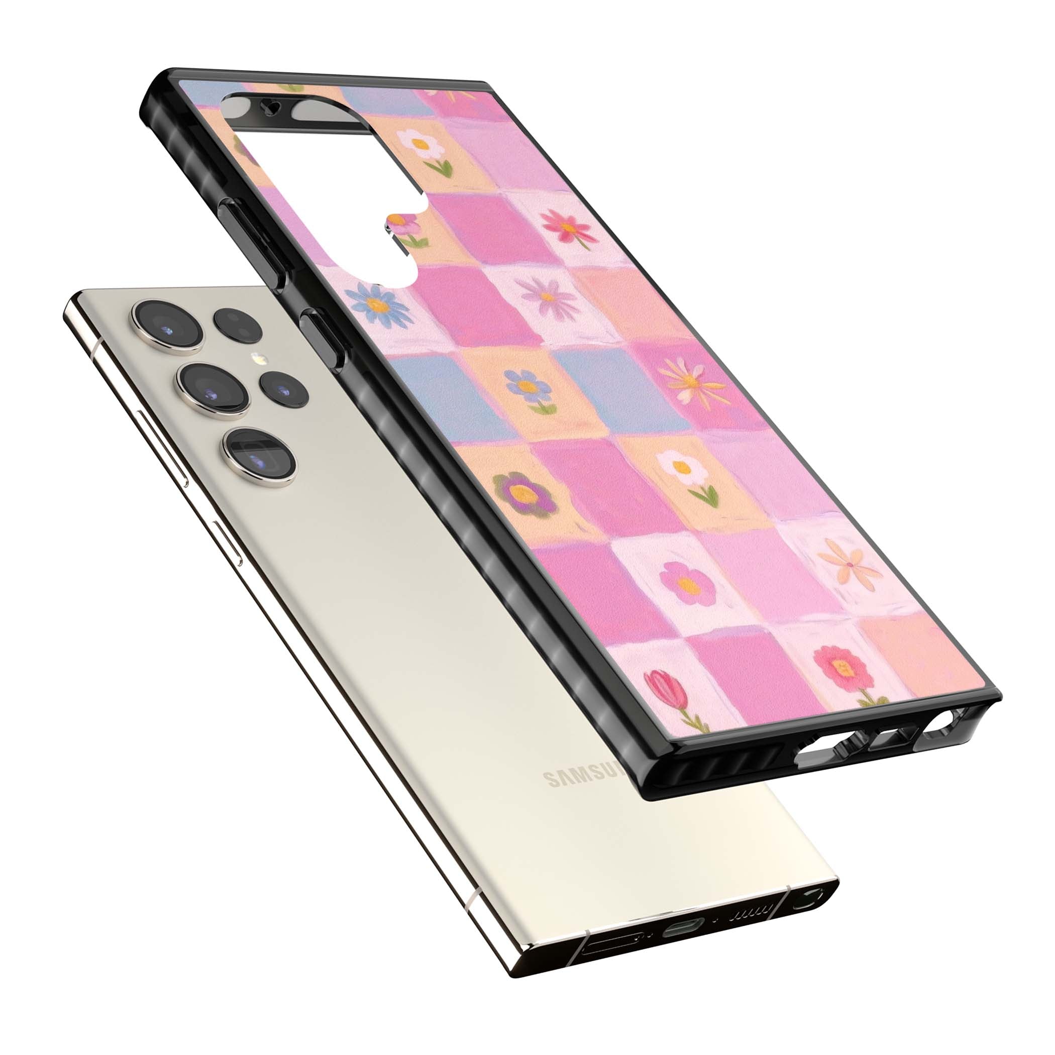 Pastel Flower Patchwork cottagecore iPhone case featuring painted pink and lilac squares with daisies and wildflowers | Black Impact case for Samsung Galaxy S24 Ultra, Samsung Galaxy S23 Ultra, Samsung Galaxy S22 Ultra