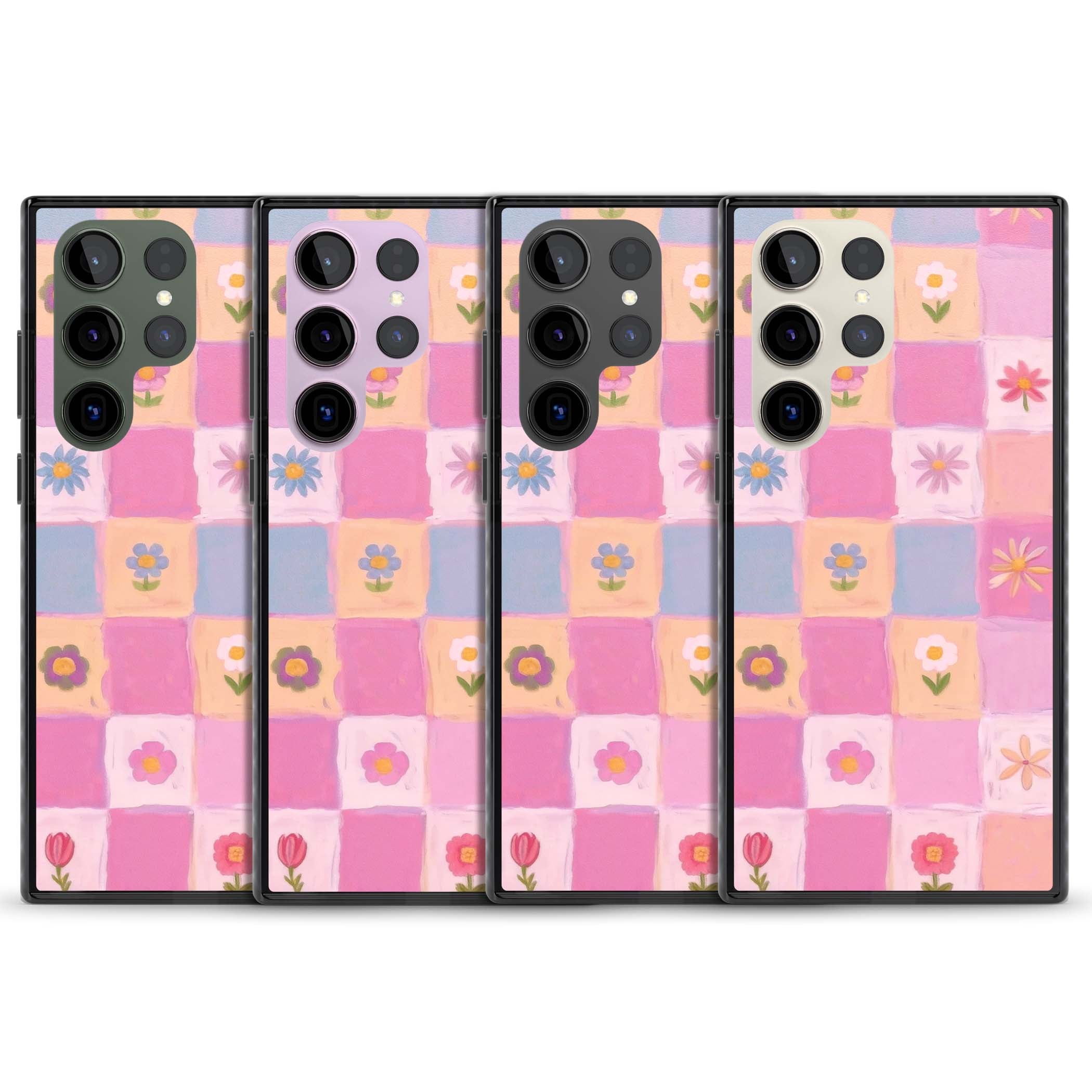 Pastel Flower Patchwork cottagecore iPhone case featuring painted pink and lilac squares with daisies and wildflowers | Black Impact case for Samsung Galaxy S24 Ultra, Samsung Galaxy S23 Ultra, Samsung Galaxy S22 Ultra