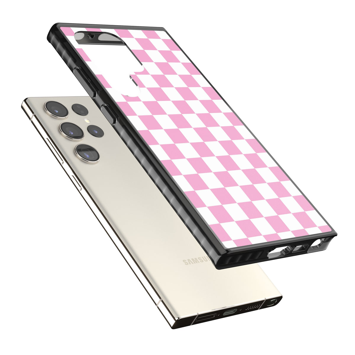 Pink Checkerboard Samsung S22 Ultra / Samsung S23 Ultra / Samsung S24 Ultra Impact Black Phone Case angled