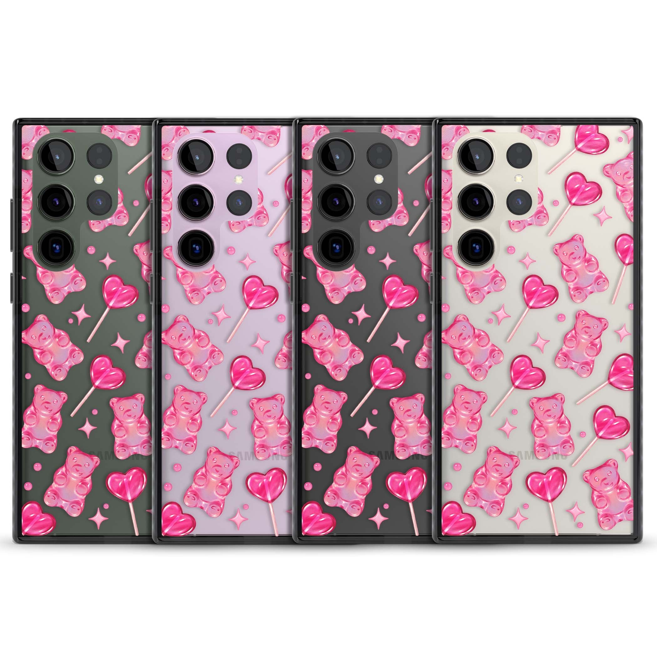 Pink Sugar pinkcore iPhone case featuring pink gummy bears, heart-shaped lollipops and sparkle stars | Black Impact case for Samsung Galaxy S24 Ultra, Samsung Galaxy S23 Ultra, Samsung Galaxy S22 Ultra