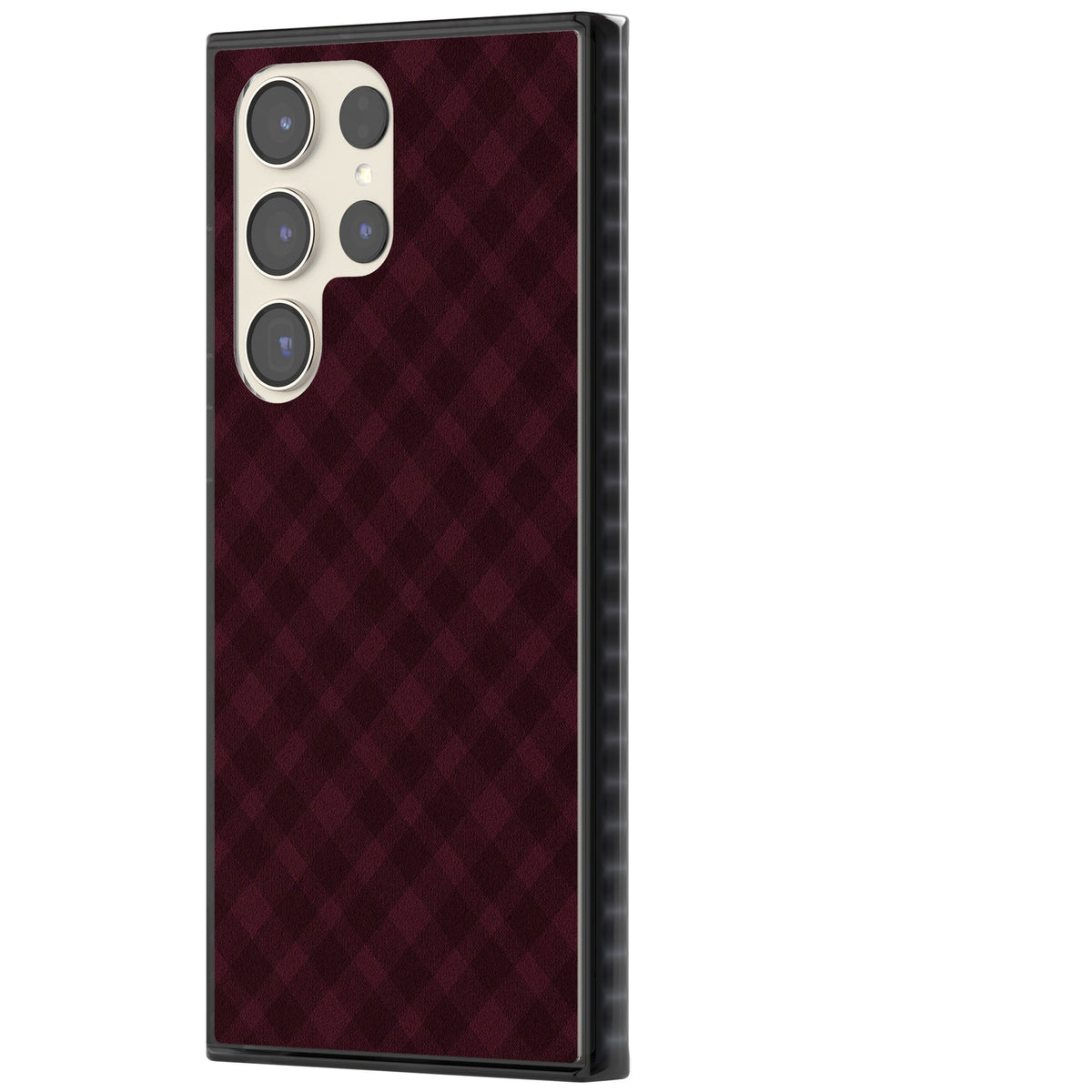 Mulled Wine preppy iPhone case featuring burgundy gingham checks, diagonal plaid lines and a soft woven texture Samsung S22 Ultra / Samsung S23 Ultra / Samsung S24 Ultra Impact Black Phone Case side