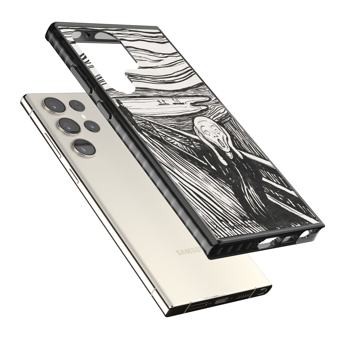 The Scream (Black & White) Samsung S22 Ultra / Samsung S23 Ultra / Samsung S24 Ultra Impact Black Phone Case angled