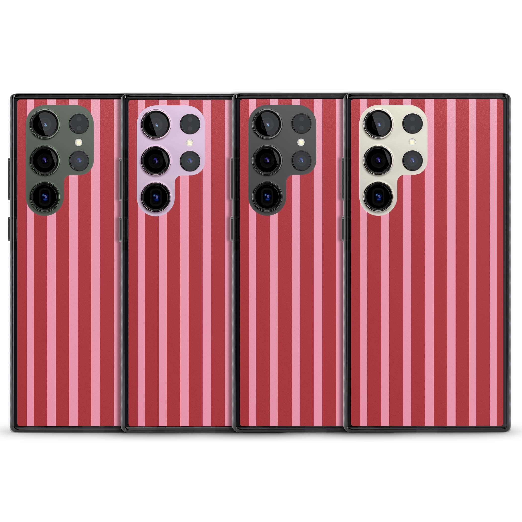 Raspberry Stripe coquette iPhone case featuring red and pink vertical stripes in a candy-inspired pattern | Black Impact case for Samsung Galaxy S24 Ultra, Samsung Galaxy S23 Ultra, Samsung Galaxy S22 Ultra