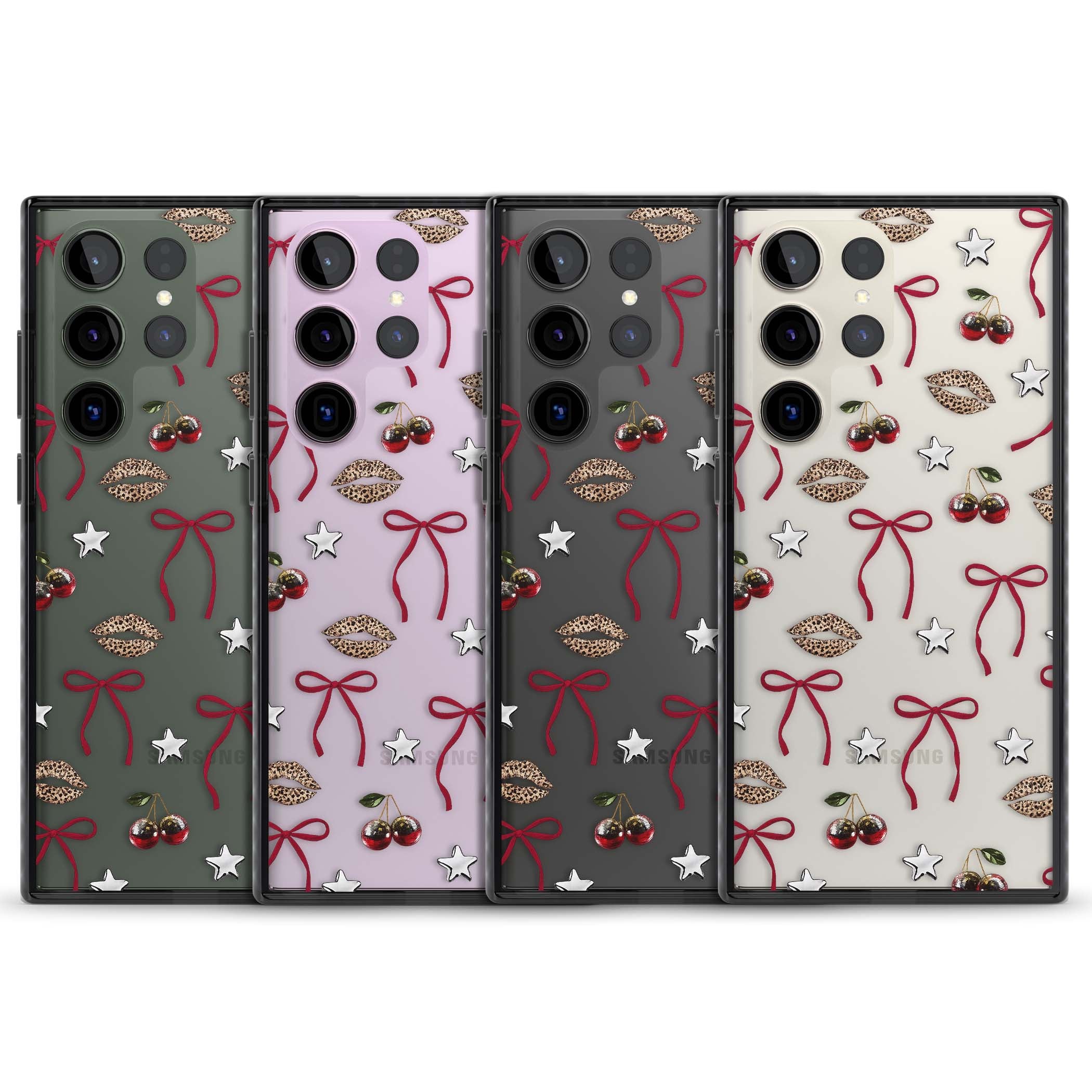 Starlet coquette iPhone case featuring red ribbon bows, disco cherries and leopard-print lips | Black Impact case for Samsung Galaxy S24 Ultra, Samsung Galaxy S23 Ultra, Samsung Galaxy S22 Ultra