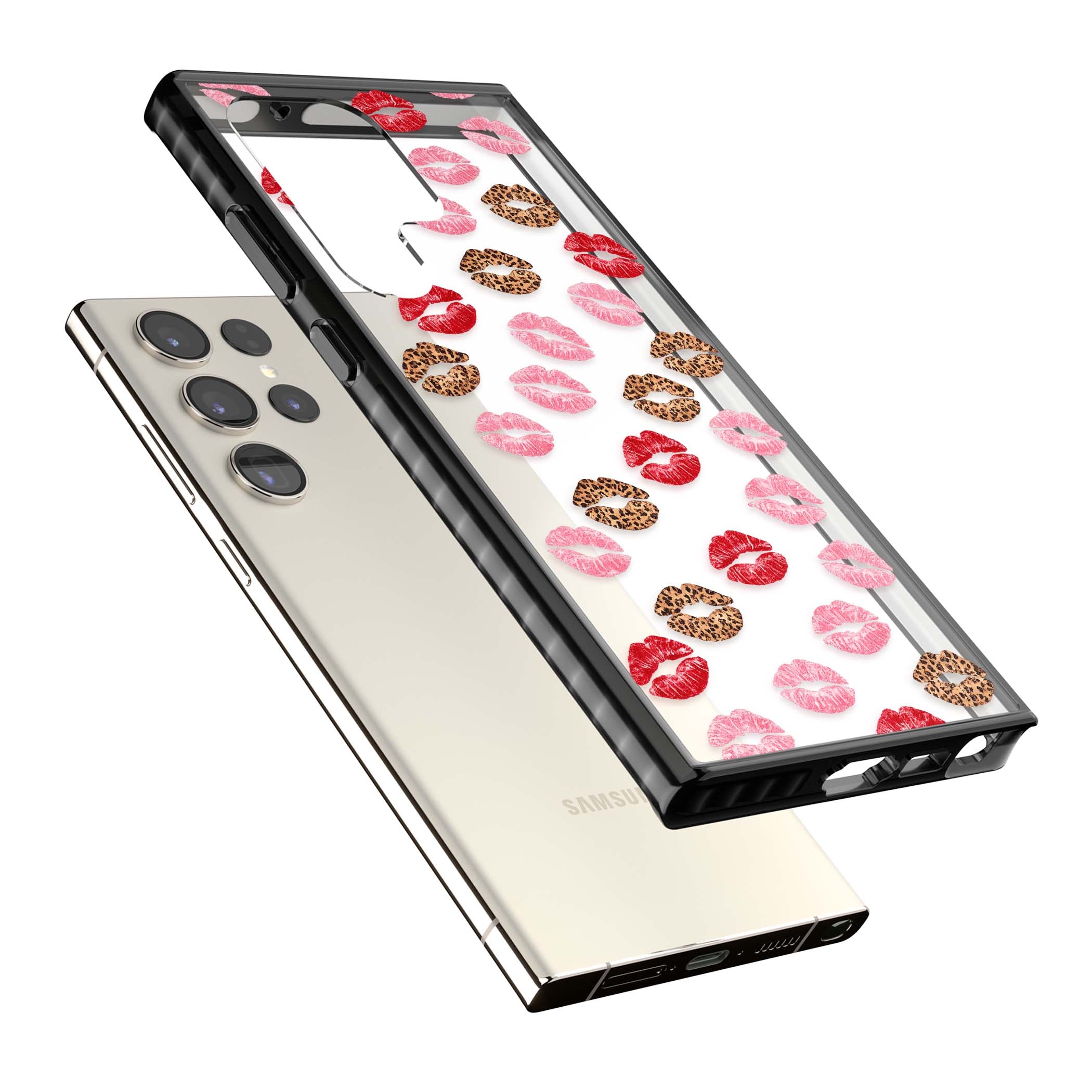 Wild Kisses coquette iPhone case featuring red, pink and leopard print lipstick kiss marks on a clear background | Black Impact case for Samsung Galaxy S24 Ultra, Samsung Galaxy S23 Ultra, Samsung Galaxy S22 Ultra
