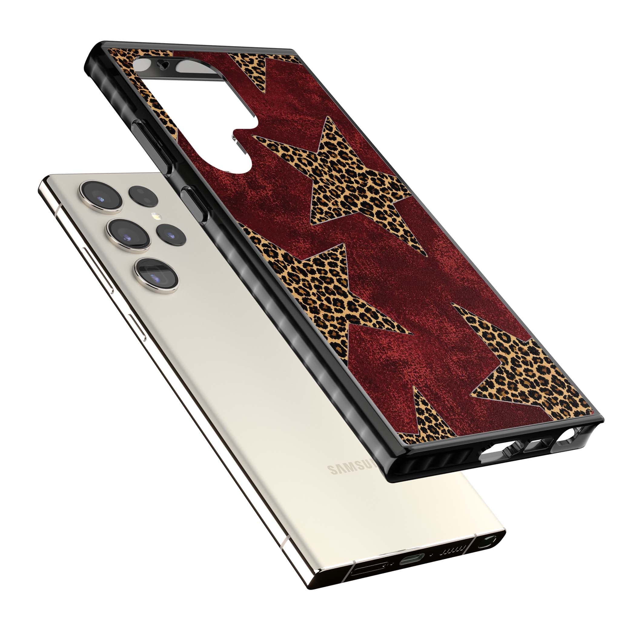 Showgirl leopard print iPhone case featuring cheetah print stars on distressed red grunge background | Black Impact case for Samsung Galaxy S24 Ultra, Samsung Galaxy S23 Ultra, Samsung Galaxy S22 Ultra