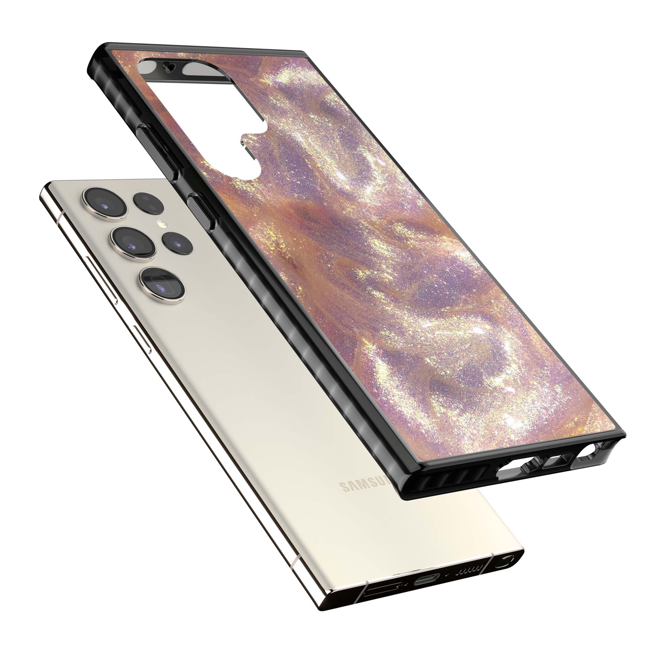 Shimmer marble iPhone case featuring rose gold glitter swirls, lilac shimmer and iridescent pearl finish | Black Impact case for Samsung Galaxy S24 Ultra, Samsung Galaxy S23 Ultra, Samsung Galaxy S22 Ultra