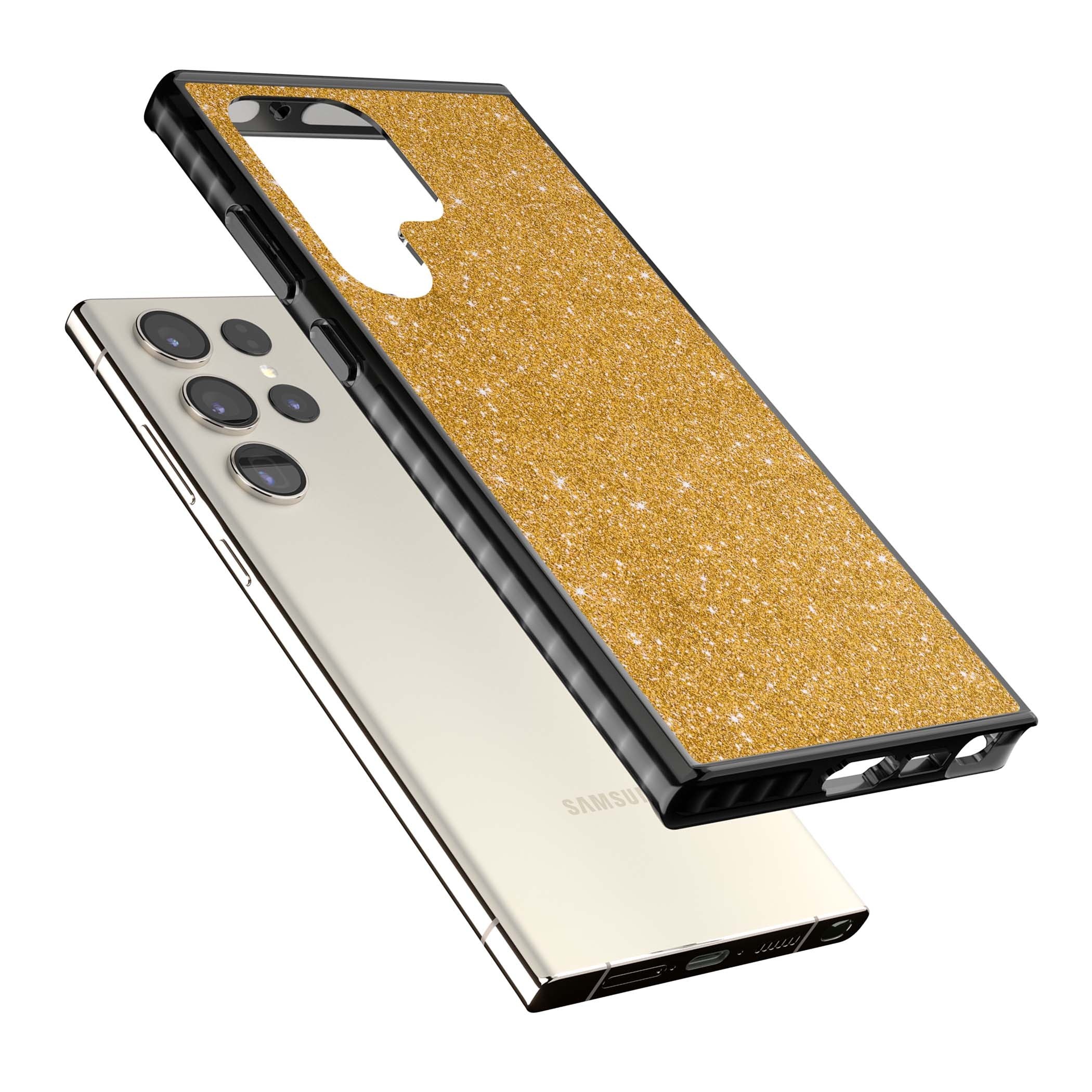Gold Glitter gold glitter iPhone case featuring a shimmering sparkle wallpaper design in luxury gold | Black Impact case for Samsung Galaxy S24 Ultra, Samsung Galaxy S23 Ultra, Samsung Galaxy S22 Ultra