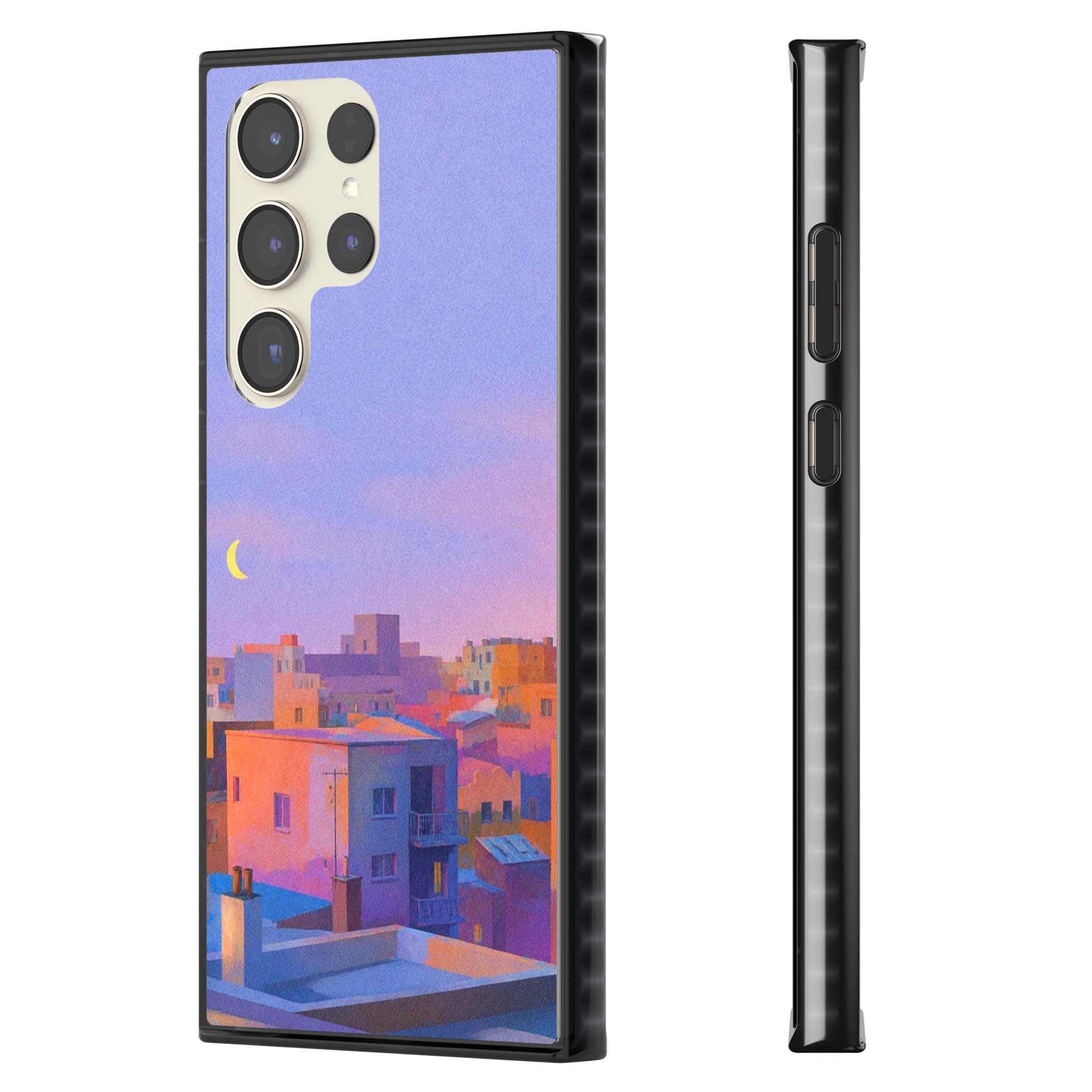 Twilight Rooftops vaporwave iPhone case featuring a pastel sunset cityscape, painted rooftops and a crescent moon. | Black Impact case for Samsung Galaxy S24 Ultra, Samsung Galaxy S23 Ultra, Samsung Galaxy S22 Ultra