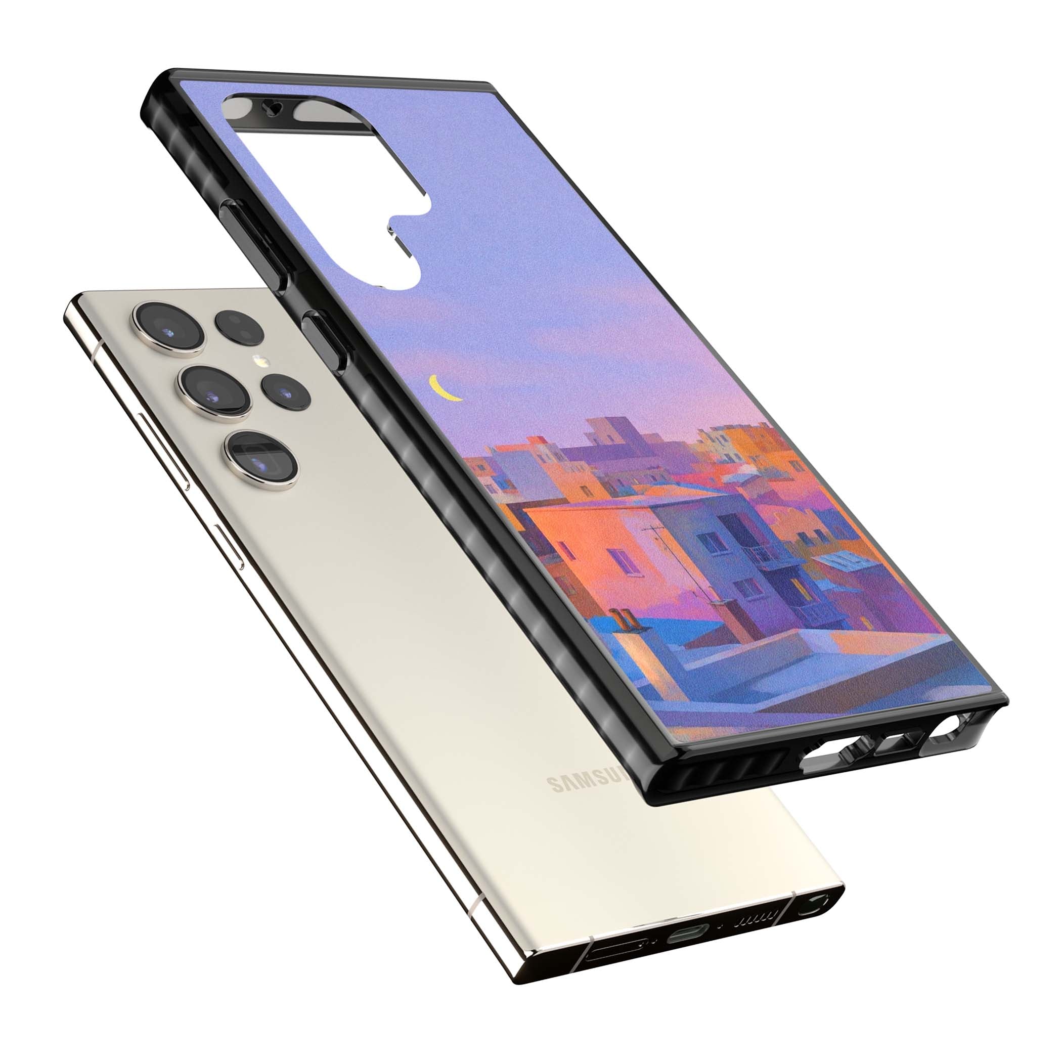 Twilight Rooftops vaporwave iPhone case featuring a pastel sunset cityscape, painted rooftops and a crescent moon. | Black Impact case for Samsung Galaxy S24 Ultra, Samsung Galaxy S23 Ultra, Samsung Galaxy S22 Ultra