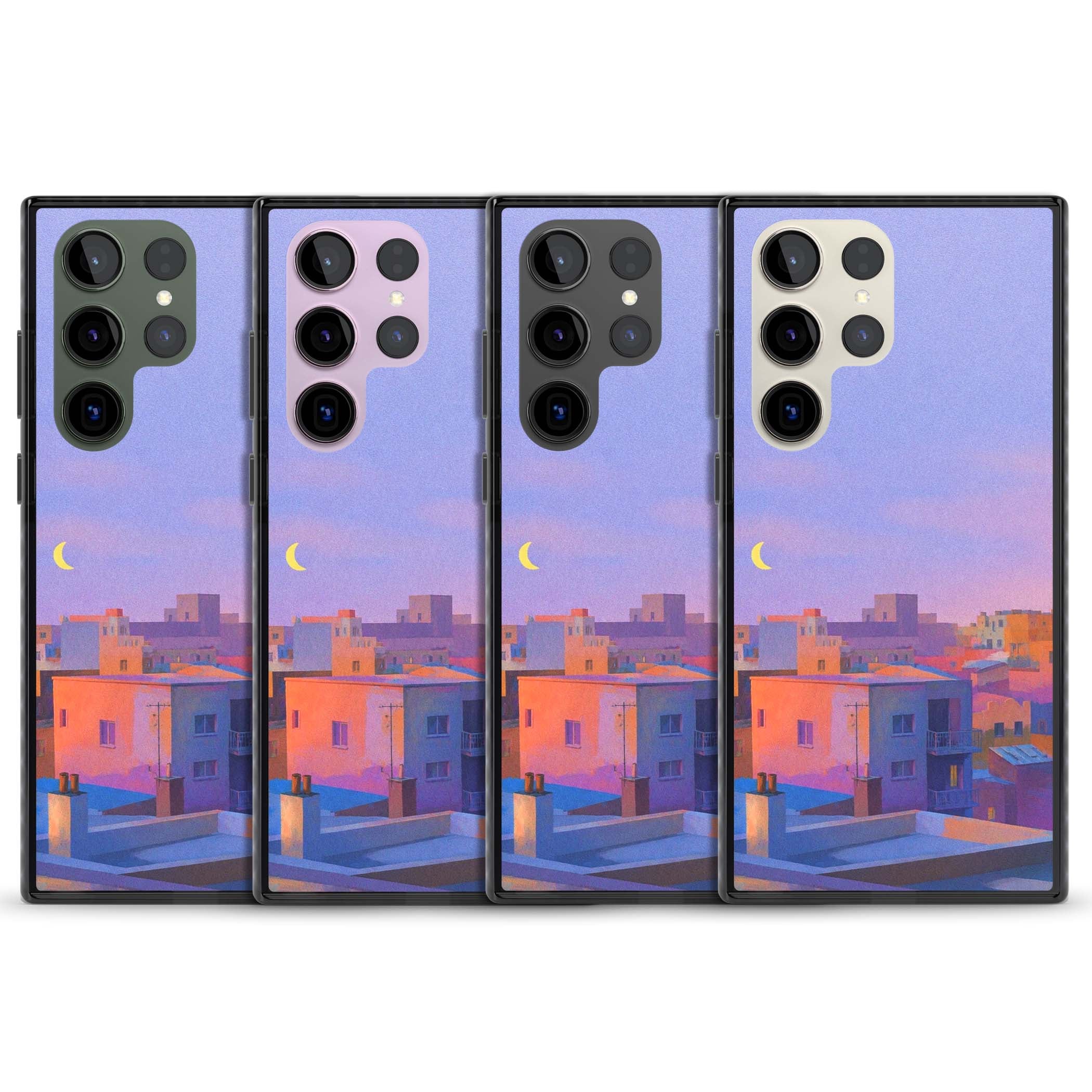 Twilight Rooftops vaporwave iPhone case featuring a pastel sunset cityscape, painted rooftops and a crescent moon. | Black Impact case for Samsung Galaxy S24 Ultra, Samsung Galaxy S23 Ultra, Samsung Galaxy S22 Ultra