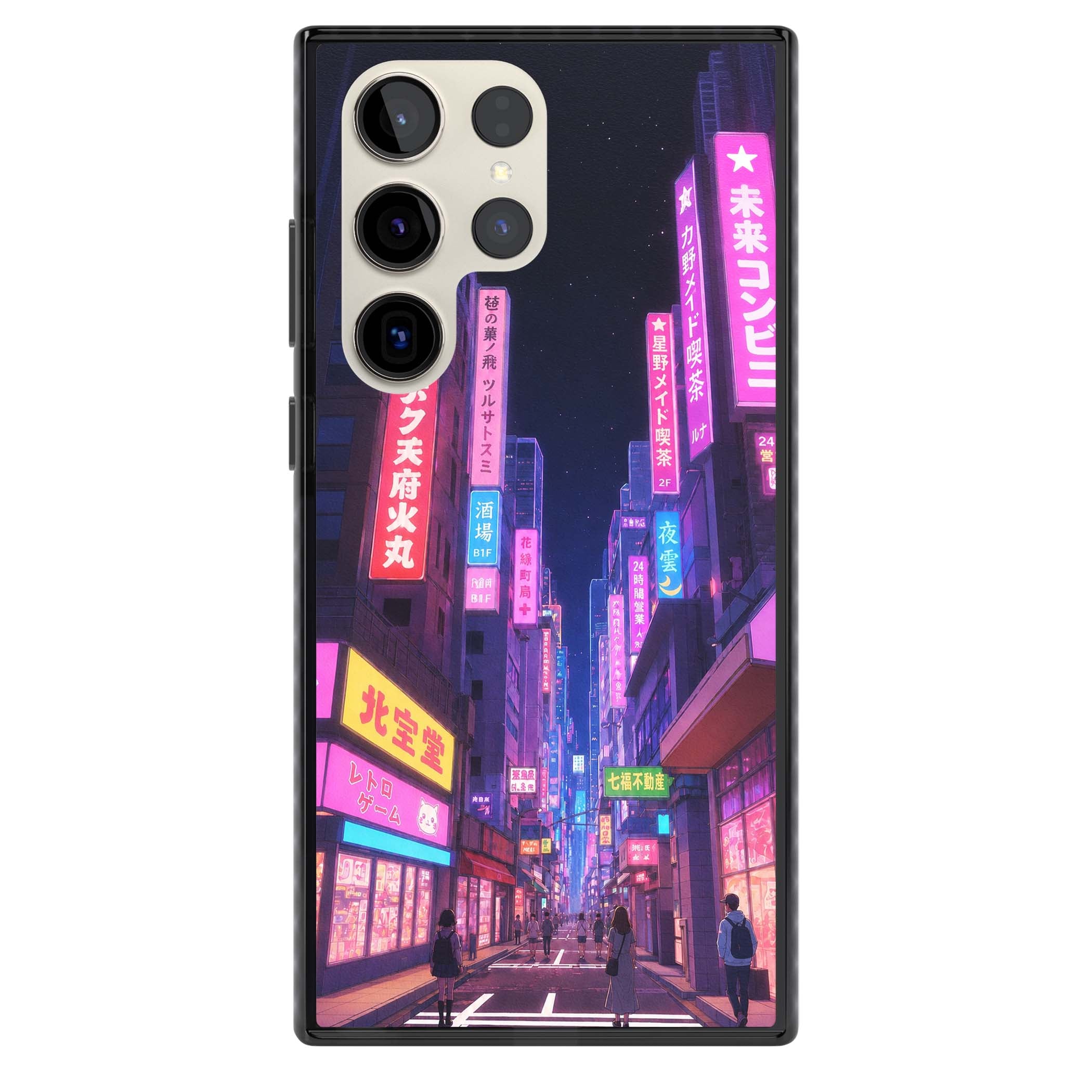 Shibuya At Night Japanese neon city iPhone case featuring glowing kanji signs, pink storefronts and a Tokyo street at n | Black Impact case for Samsung Galaxy S24 Ultra, Samsung Galaxy S23 Ultra, Samsung Galaxy S22 Ultra
