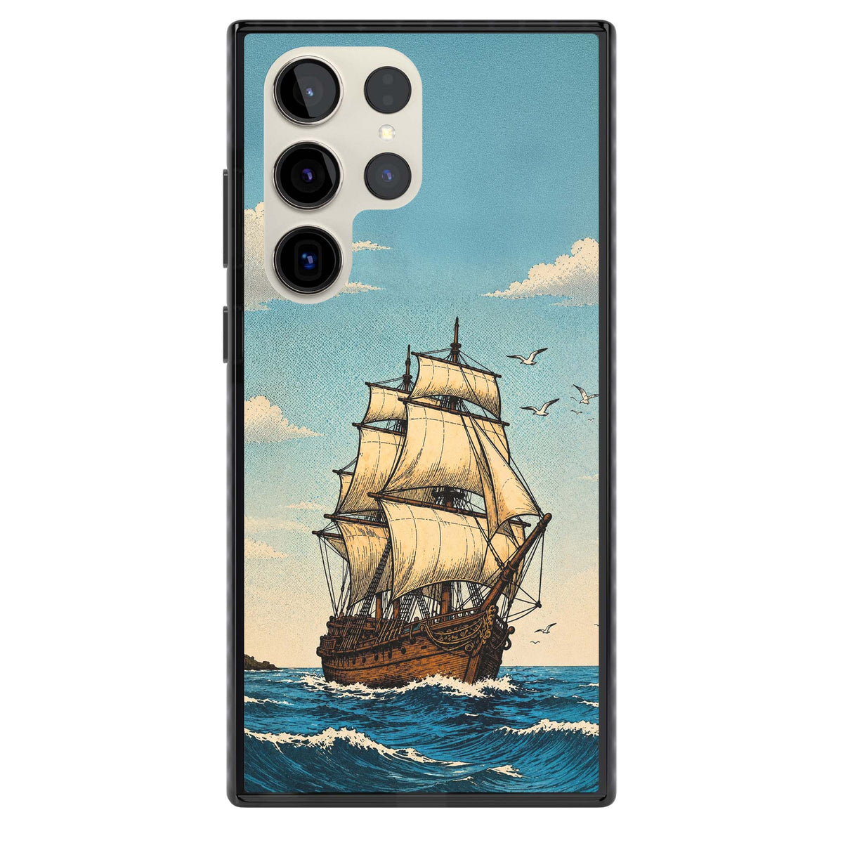 Ship at Sea nautical iPhone case featuring a vintage tall ship, ocean waves and seagulls | Black Impact case for Samsung Galaxy S24 Ultra, Samsung Galaxy S23 Ultra, Samsung Galaxy S22 Ultra