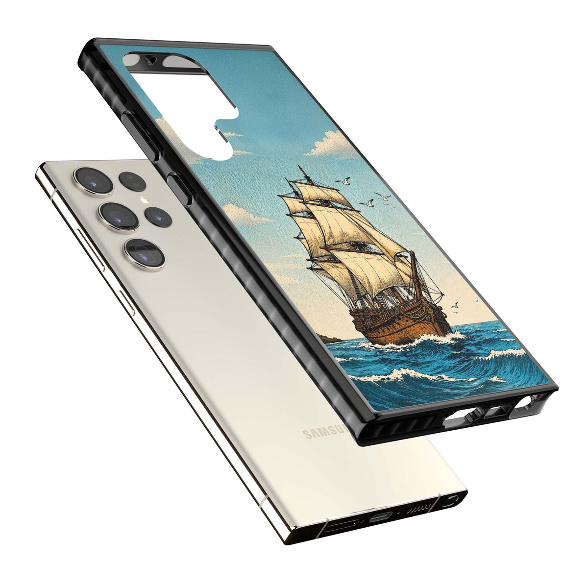 Ship at Sea nautical iPhone case featuring a vintage tall ship, ocean waves and seagulls | Black Impact case for Samsung Galaxy S24 Ultra, Samsung Galaxy S23 Ultra, Samsung Galaxy S22 Ultra