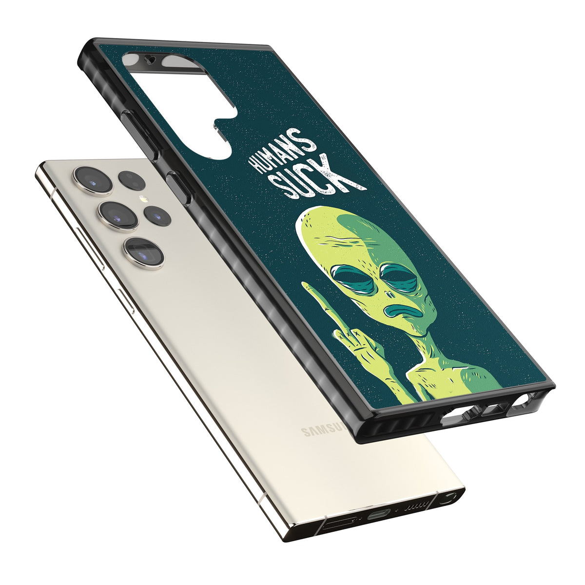 Humans Suck Alien Samsung S22 Ultra / Samsung S23 Ultra / Samsung S24 Ultra Impact Black Phone Case angled