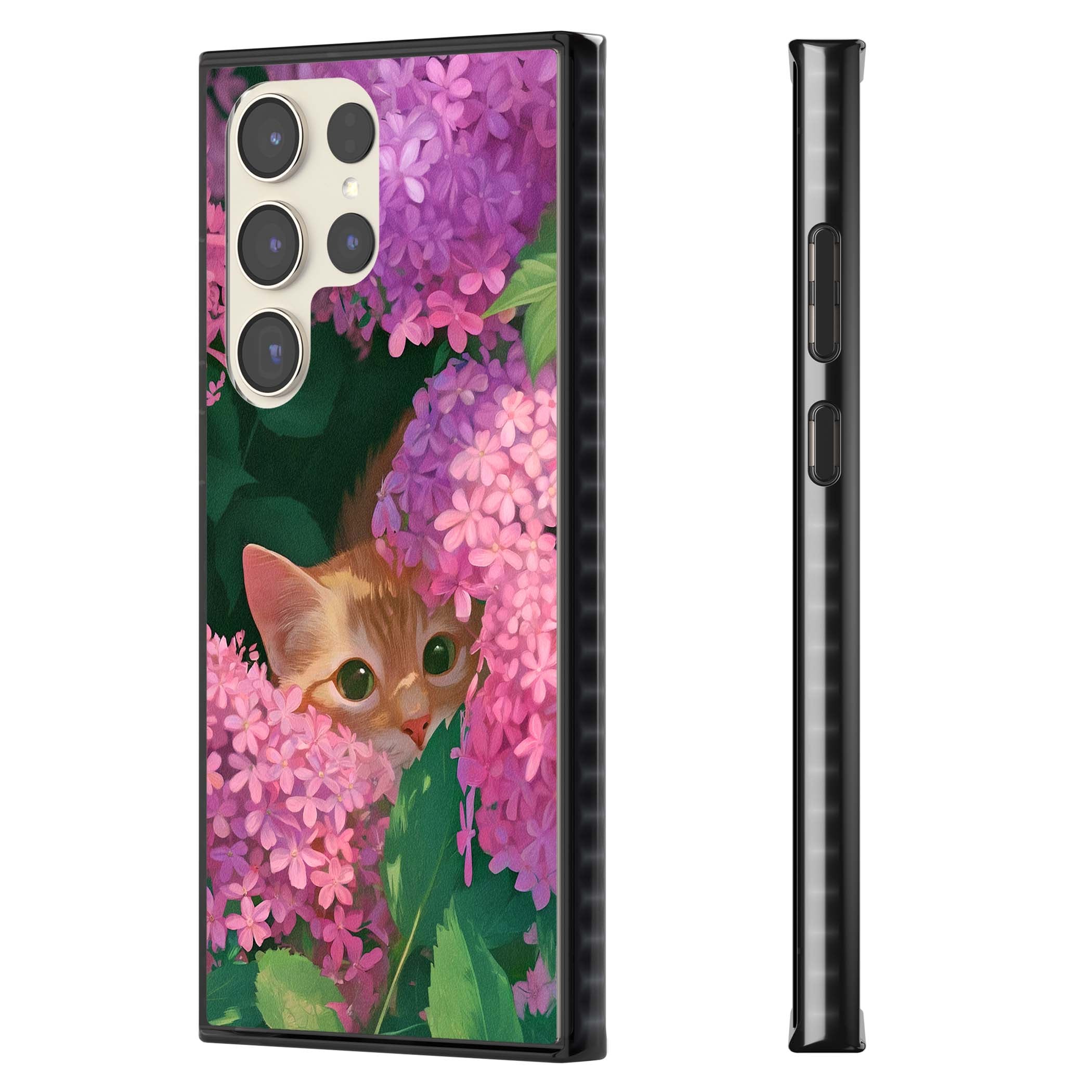 Cat In Pink Flowers cottagecore iPhone case featuring a ginger kitten peeking through lilac and pink hydrangea flo | Black Impact case for Samsung Galaxy S24 Ultra, Samsung Galaxy S23 Ultra, Samsung Galaxy S22 Ultra