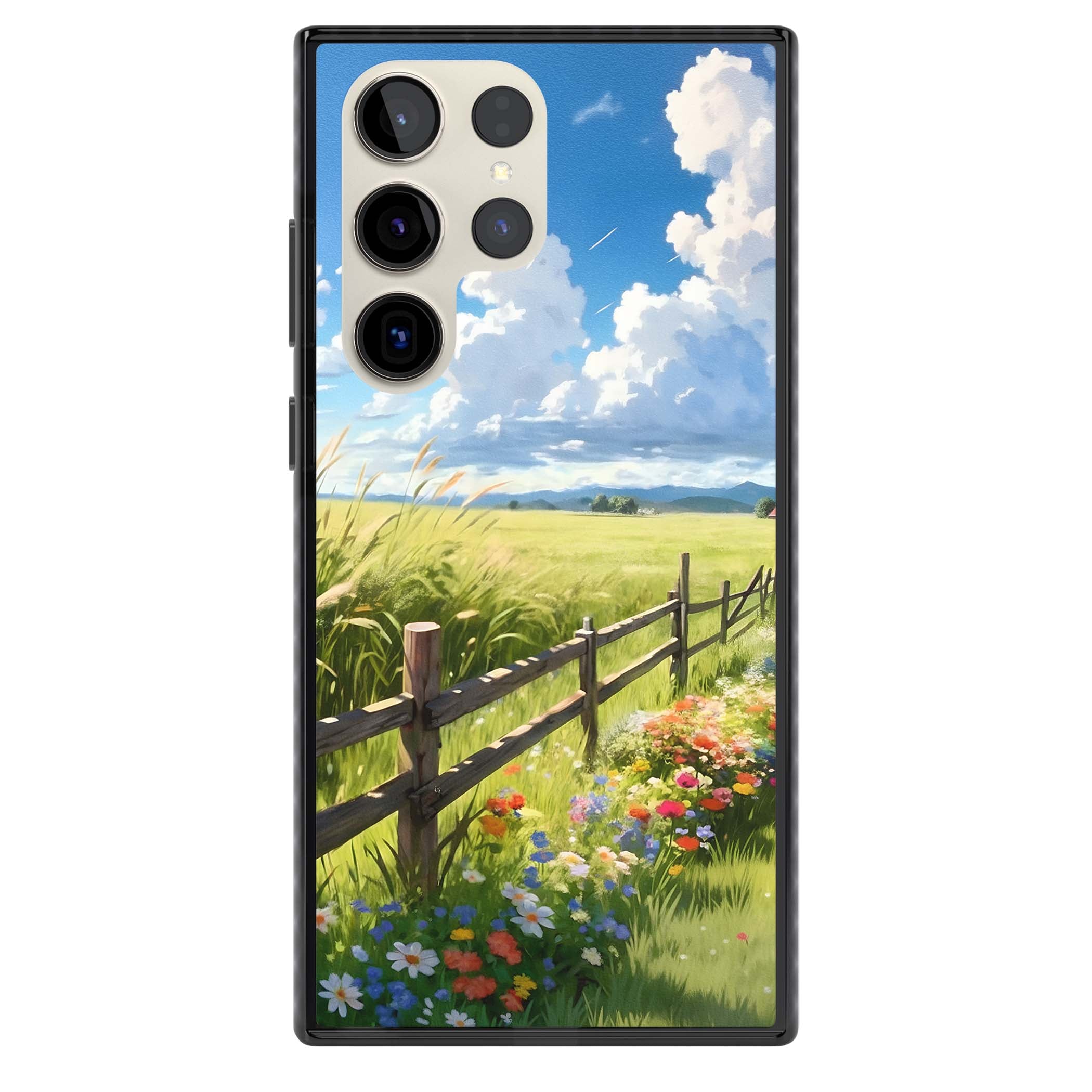 A Countryside Afternoon cottagecore iPhone case featuring a painted countryside meadow, wooden fence, and wildflowers beneath | Black Impact case for Samsung Galaxy S24 Ultra, Samsung Galaxy S23 Ultra, Samsung Galaxy S22 Ultra