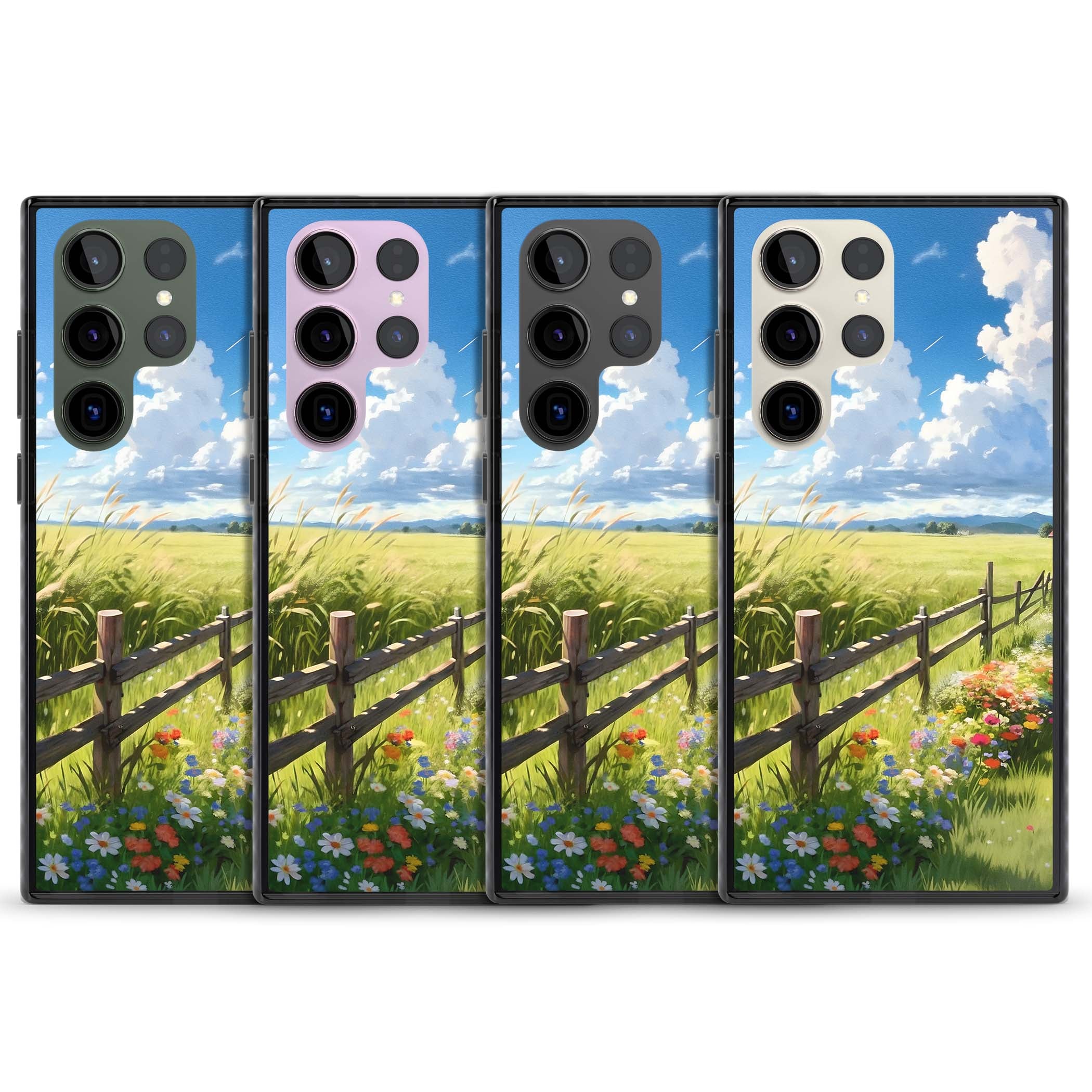A Countryside Afternoon cottagecore iPhone case featuring a painted countryside meadow, wooden fence, and wildflowers beneath | Black Impact case for Samsung Galaxy S24 Ultra, Samsung Galaxy S23 Ultra, Samsung Galaxy S22 Ultra