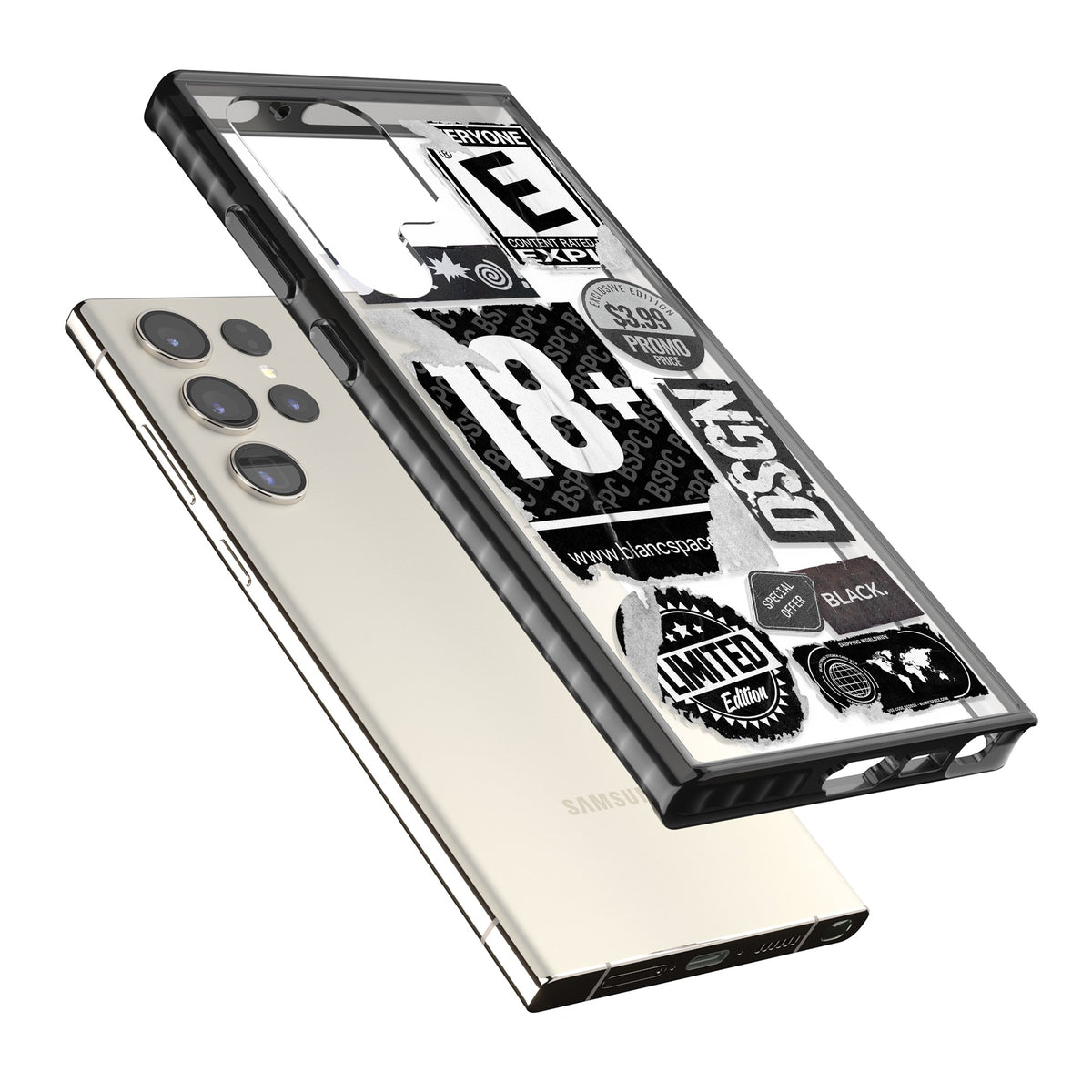 Black Sticker Mix Samsung S22 Ultra / Samsung S23 Ultra / Samsung S24 Ultra Impact Black Phone Case angled