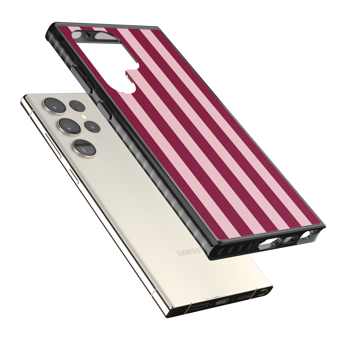 Bordeaux Belle preppy iPhone case featuring bold vertical stripes in burgundy and soft blush pink Samsung S22 Ultra / Samsung S23 Ultra / Samsung S24 Ultra Impact Black Phone Case angled