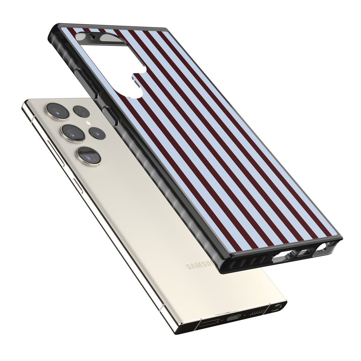 Blackcurrant Stripe preppy iPhone case featuring vertical burgundy and light blue stripes in a classic pinstripe layout Samsung S22 Ultra / Samsung S23 Ultra / Samsung S24 Ultra Impact Black Phone Case angled