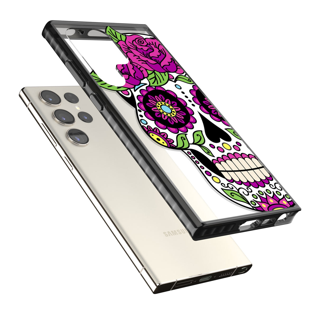 Purple Floral Sugar Skull Samsung S22 Ultra / Samsung S23 Ultra / Samsung S24 Ultra Impact Black Phone Case angled