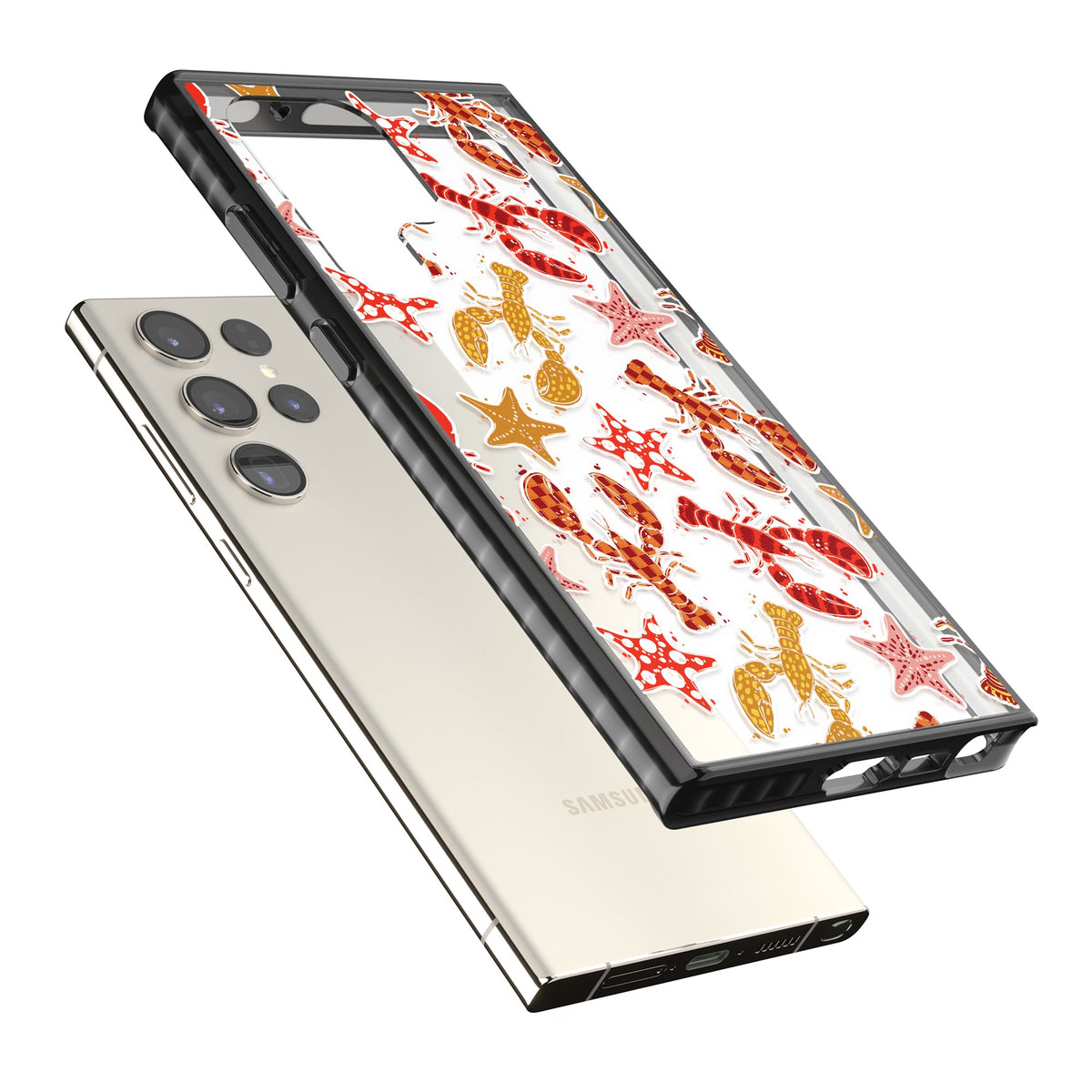 Lobster & Starfish Coastal Pattern Samsung S22 Ultra / Samsung S23 Ultra / Samsung S24 Ultra Impact Black Phone Case angled