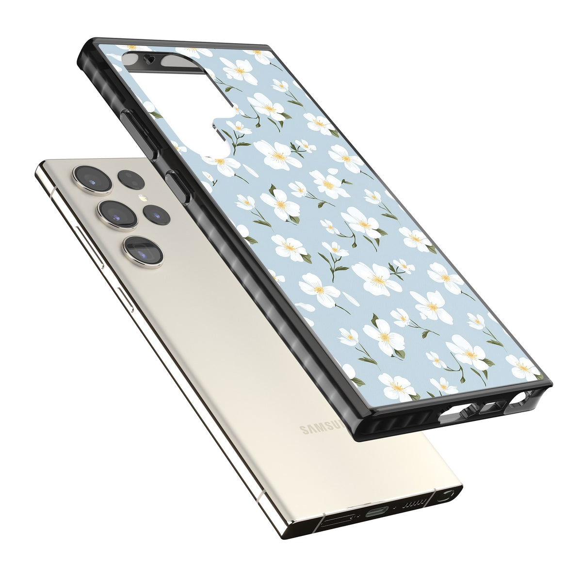 Powder Blue Petals Samsung S22 Ultra / Samsung S23 Ultra / Samsung S24 Ultra Impact Black Phone Case angled