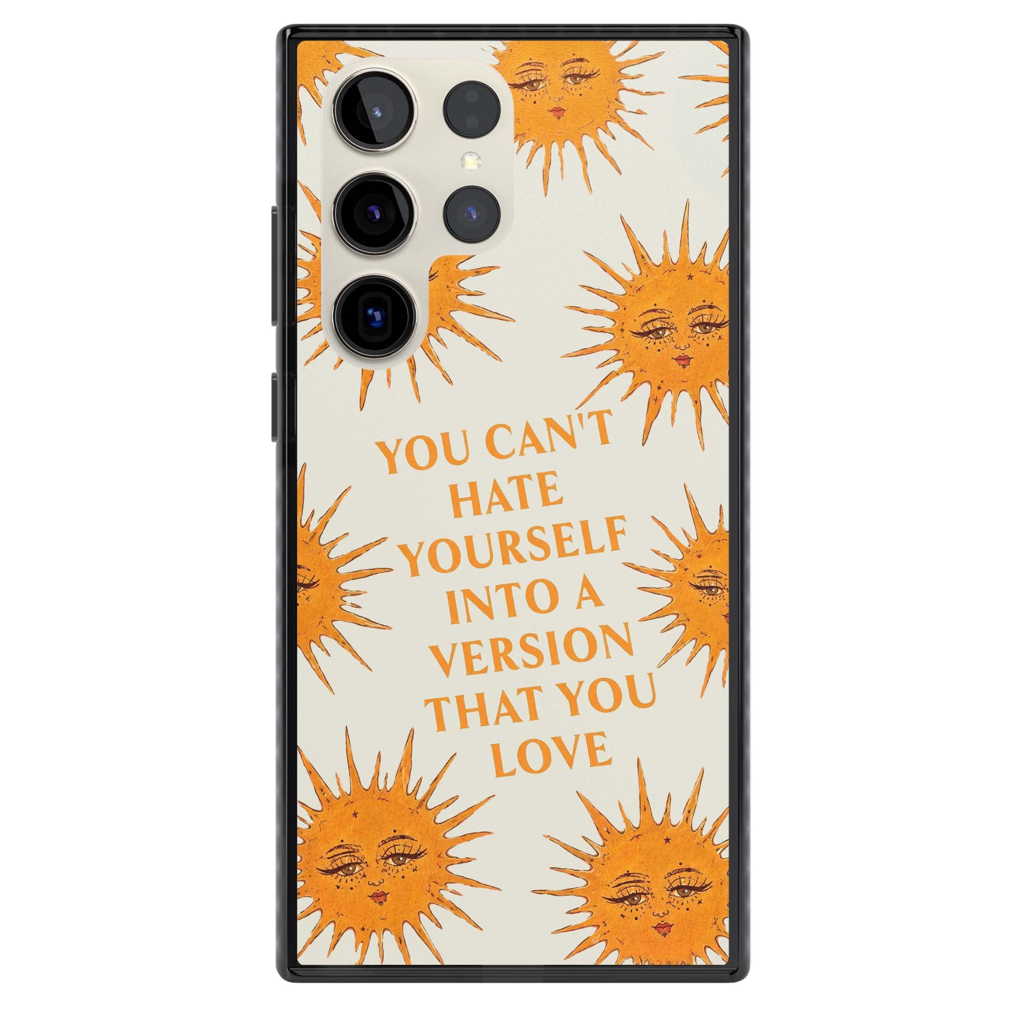 Don't Hate Yourself celestial iPhone case featuring vintage sun faces, ochre rays and a self-love quote | Black Impact case for Samsung Galaxy S24 Ultra, Samsung Galaxy S23 Ultra, Samsung Galaxy S22 Ultra