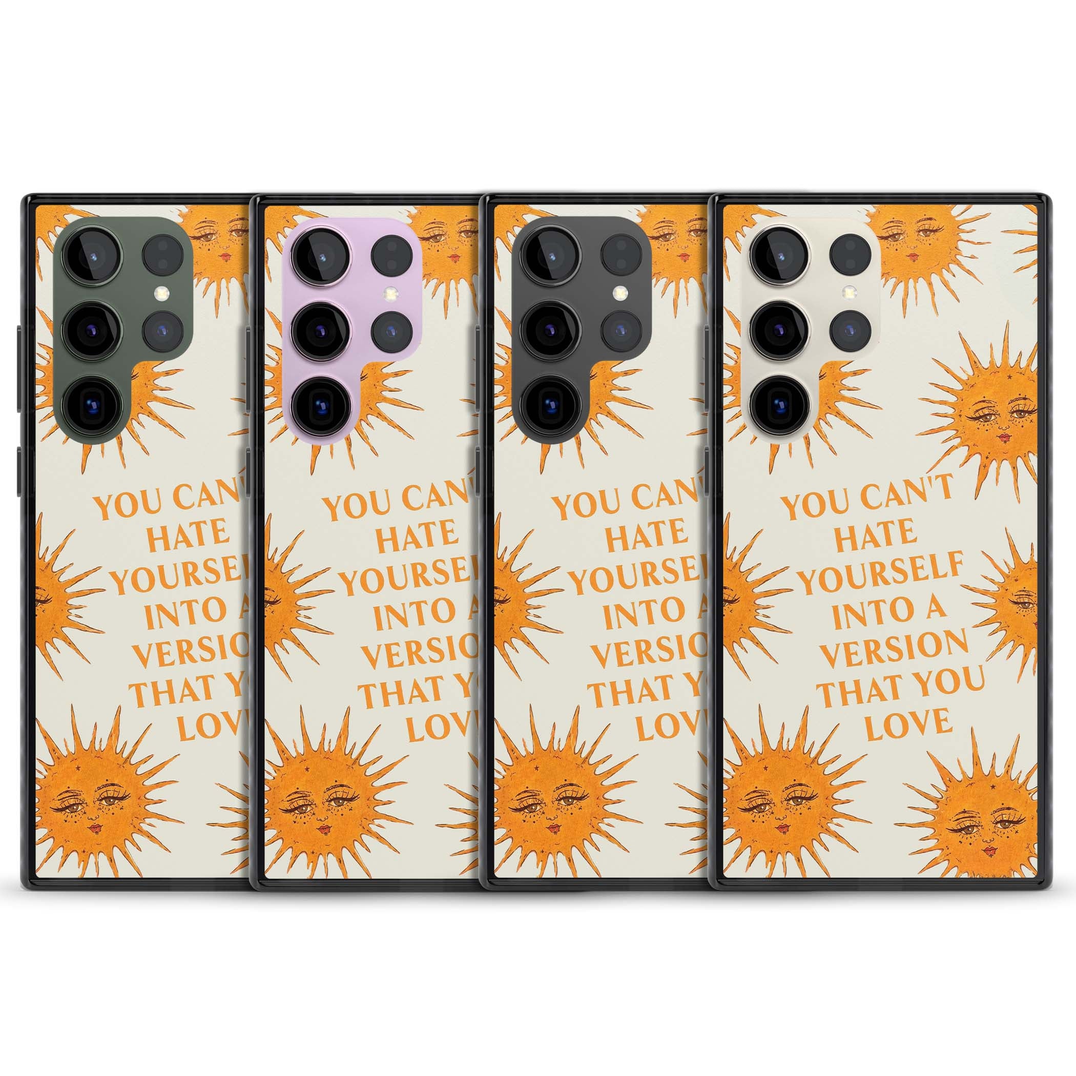 Don't Hate Yourself celestial iPhone case featuring vintage sun faces, ochre rays and a self-love quote | Black Impact case for Samsung Galaxy S24 Ultra, Samsung Galaxy S23 Ultra, Samsung Galaxy S22 Ultra