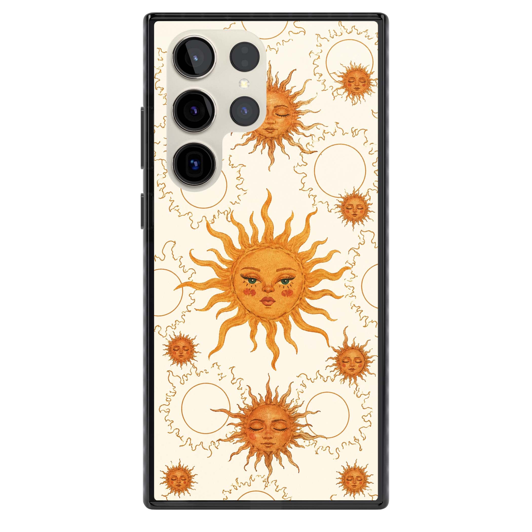 Solstice Muse celestial iPhone case featuring hand-painted golden sun faces, closed-eye sun goddesses and outlined moons... | Black Impact case for Samsung Galaxy S24 Ultra, Samsung Galaxy S23 Ultra, Samsung Galaxy S22 Ultra