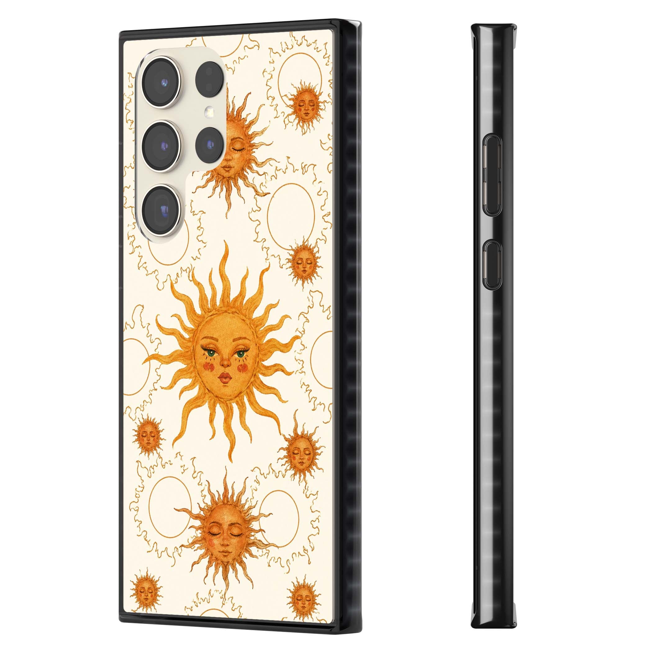 Solstice Muse celestial iPhone case featuring hand-painted golden sun faces, closed-eye sun goddesses and outlined moons... | Black Impact case for Samsung Galaxy S24 Ultra, Samsung Galaxy S23 Ultra, Samsung Galaxy S22 Ultra
