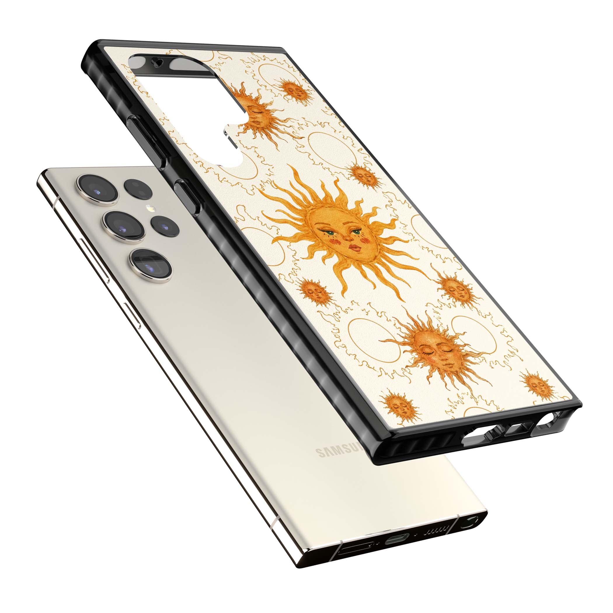 Solstice Muse celestial iPhone case featuring hand-painted golden sun faces, closed-eye sun goddesses and outlined moons... | Black Impact case for Samsung Galaxy S24 Ultra, Samsung Galaxy S23 Ultra, Samsung Galaxy S22 Ultra
