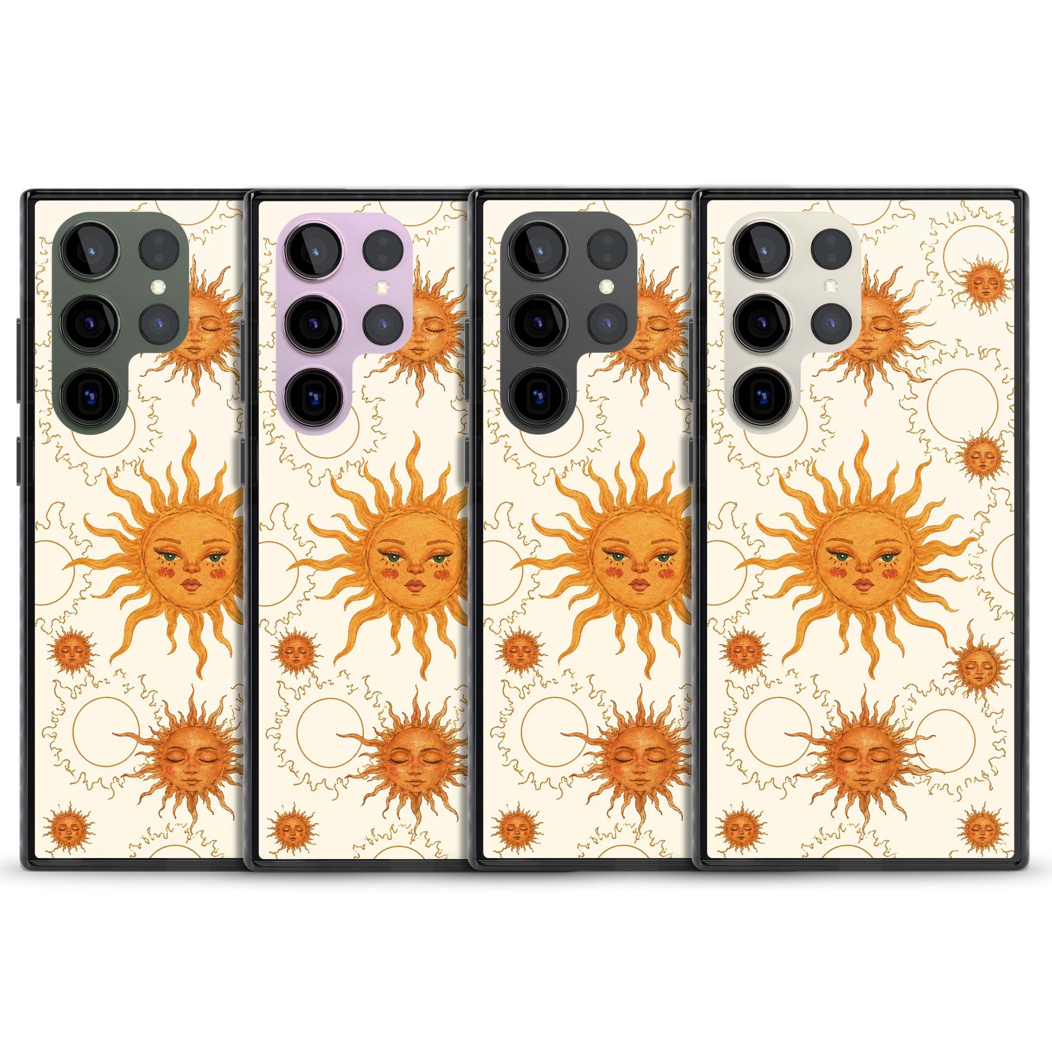 Solstice Muse celestial iPhone case featuring hand-painted golden sun faces, closed-eye sun goddesses and outlined moons... | Black Impact case for Samsung Galaxy S24 Ultra, Samsung Galaxy S23 Ultra, Samsung Galaxy S22 Ultra