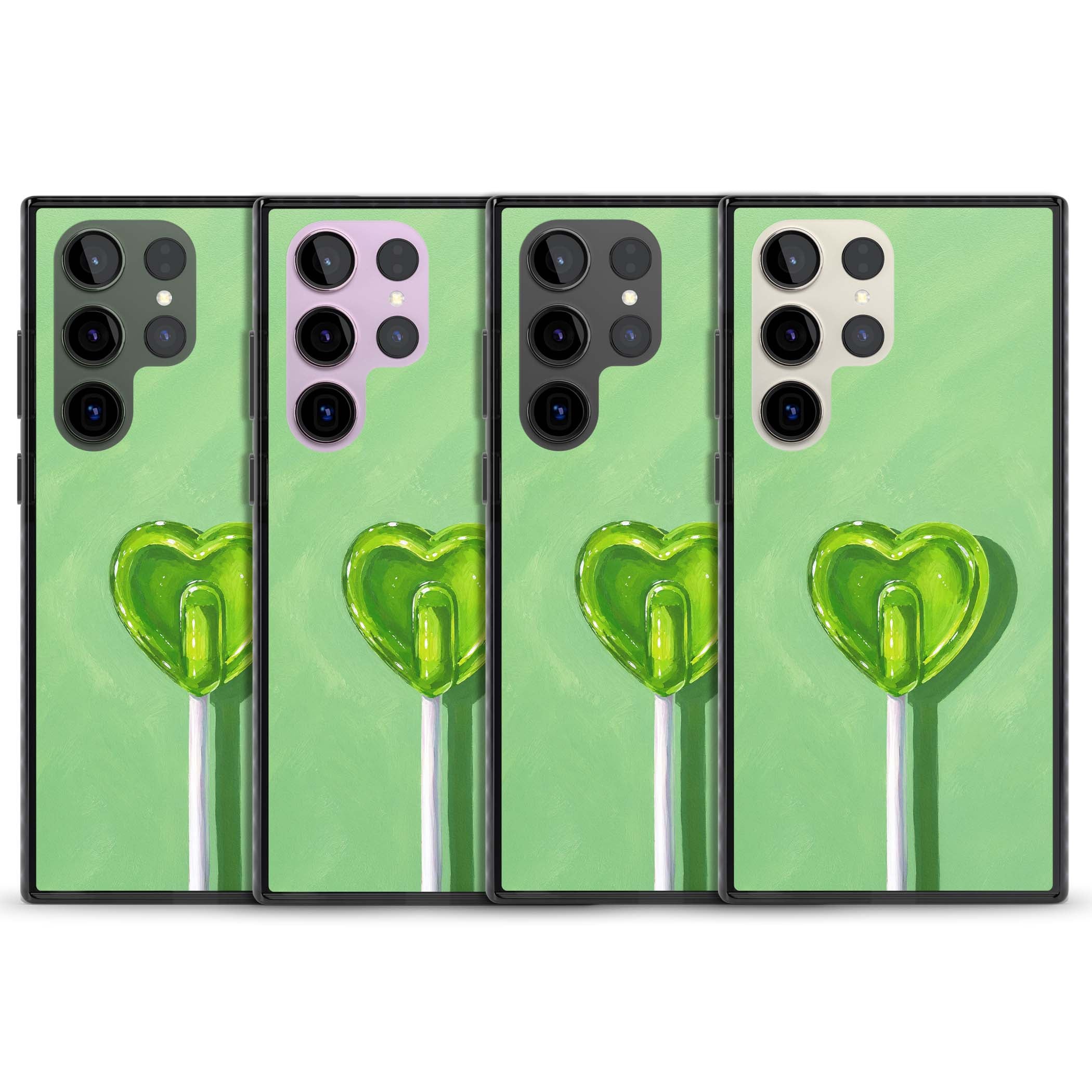 Green Lollipop candy art iPhone case featuring a glossy green heart-shaped lollipop on a painted pastel green background | Black Impact case for Samsung Galaxy S24 Ultra, Samsung Galaxy S23 Ultra, Samsung Galaxy S22 Ultra