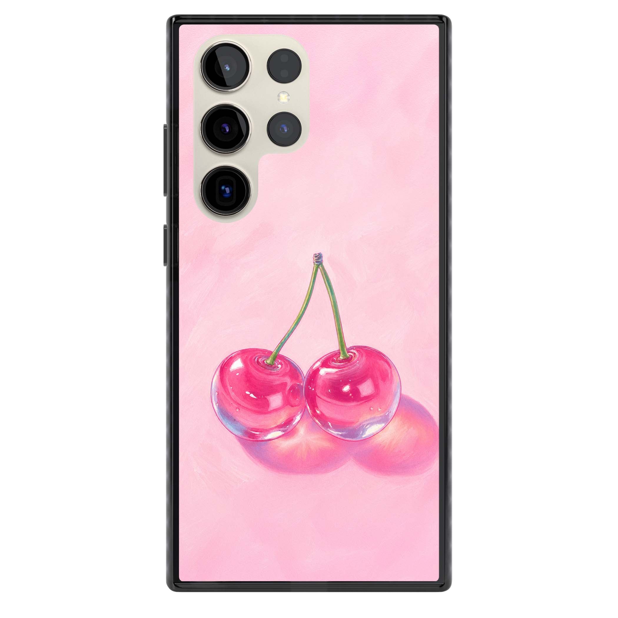 Pink Glass Cherry coquette iPhone case featuring two glossy painted cherries on a soft pink background | Black Impact case for Samsung Galaxy S24 Ultra, Samsung Galaxy S23 Ultra, Samsung Galaxy S22 Ultra