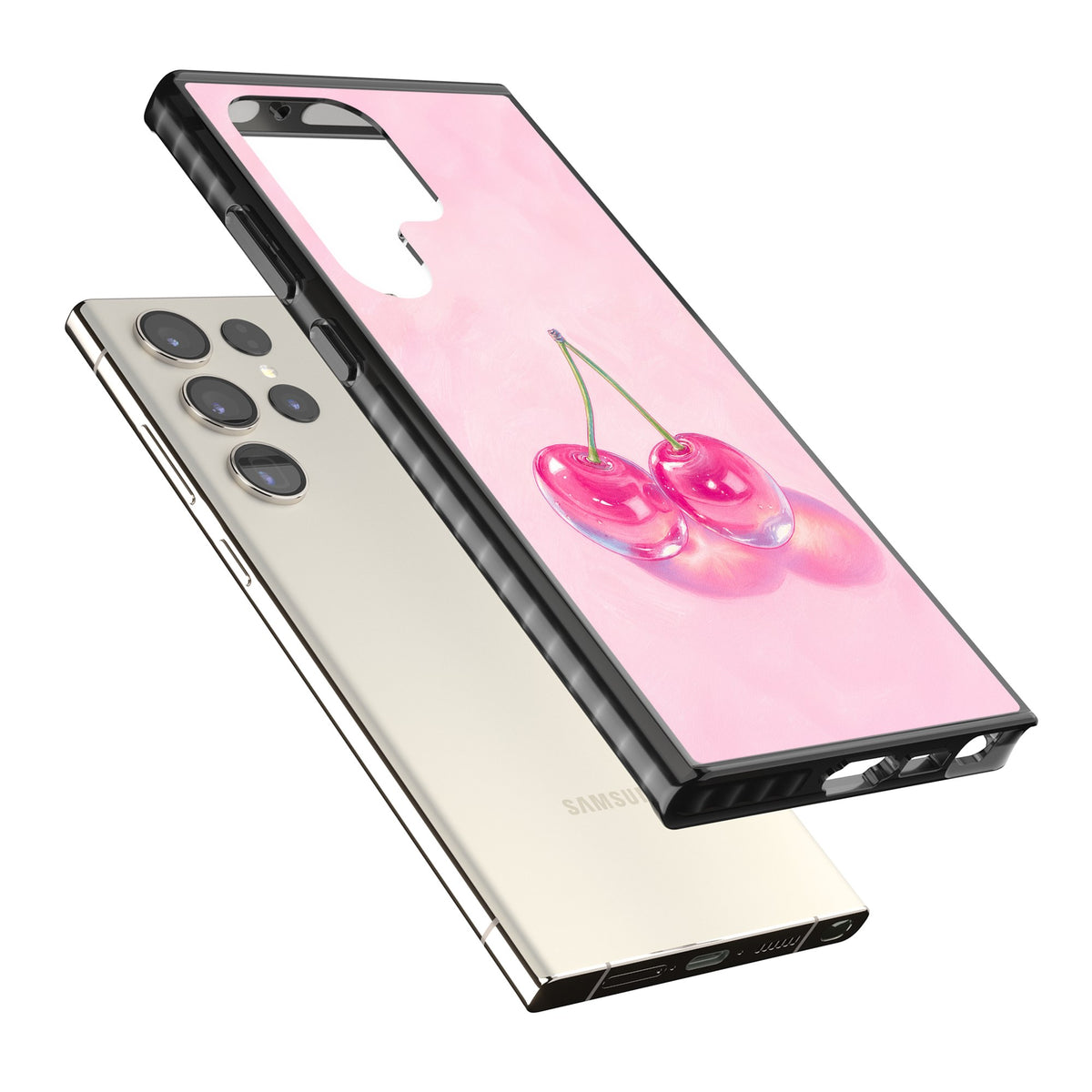 Pink Glass Cherry Samsung S22 Ultra / Samsung S23 Ultra / Samsung S24 Ultra Impact Black Phone Case angled
