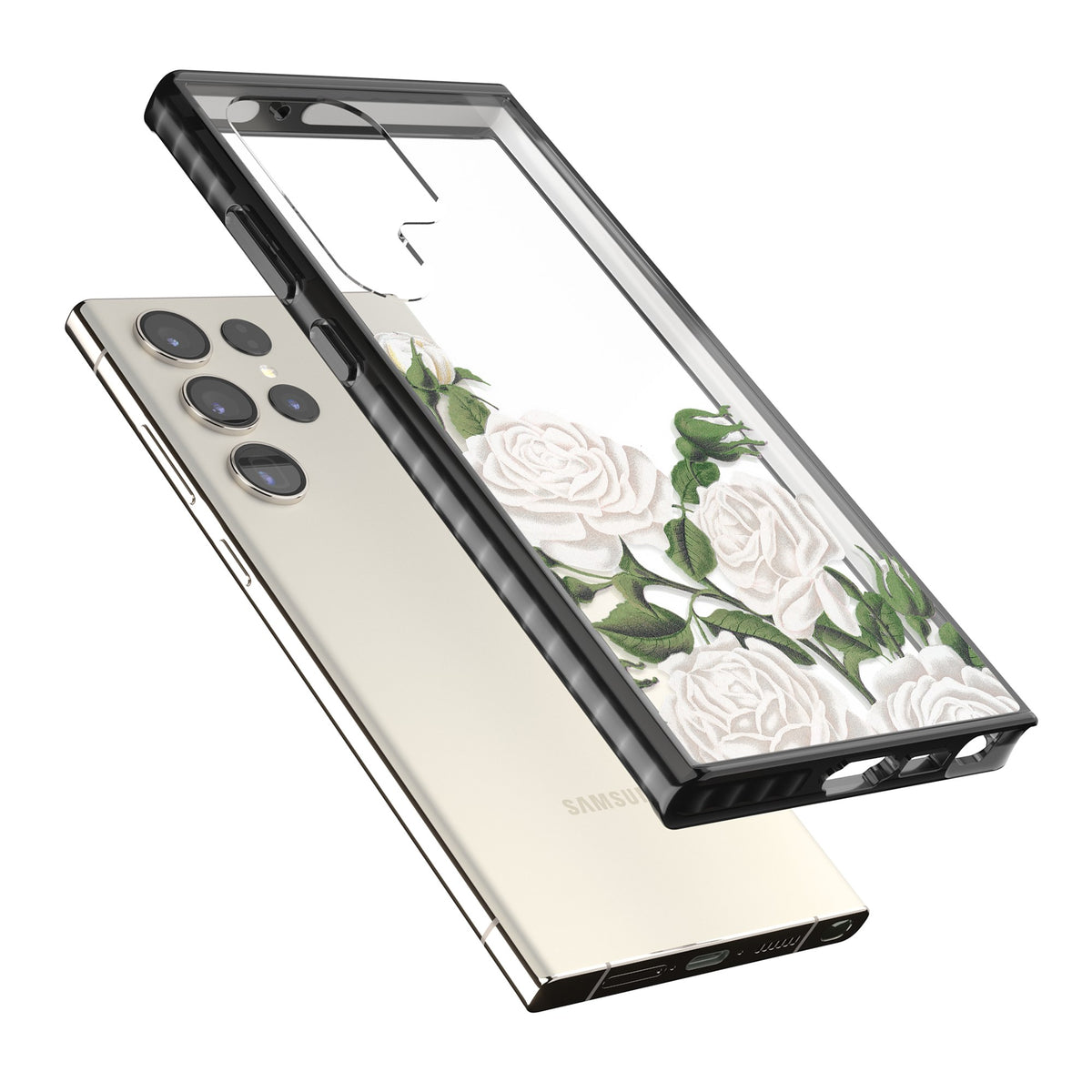 White Vintage Painted Flowers Samsung S22 Ultra / Samsung S23 Ultra / Samsung S24 Ultra Impact Black Phone Case angled