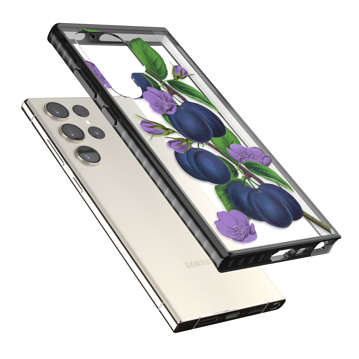 Vintage Painted Plums Samsung S22 Ultra / Samsung S23 Ultra / Samsung S24 Ultra Impact Black Phone Case angled