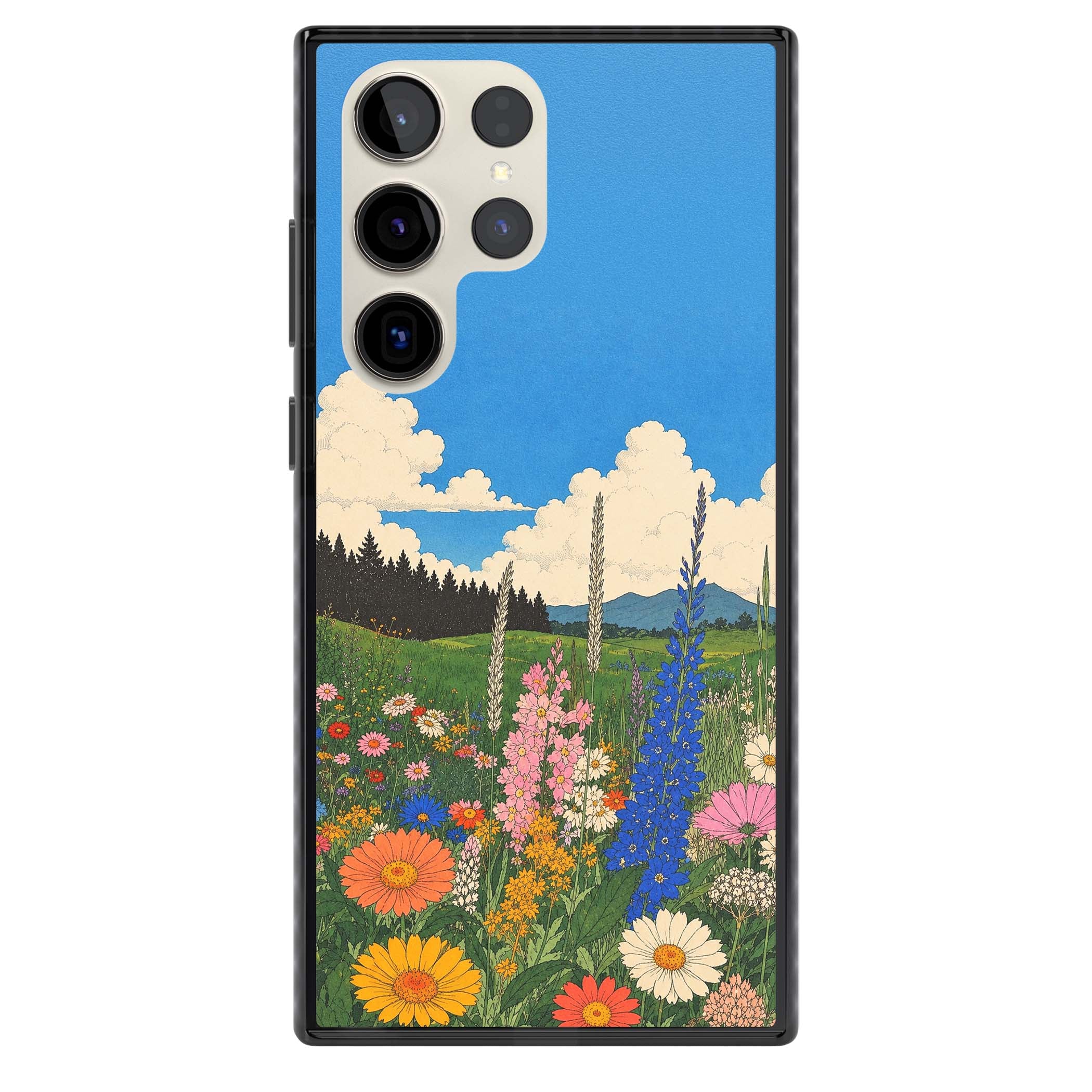 Wildbloom wildflower iPhone case featuring a vintage Japanese-style meadow landscape with daisies, delphiniums and moun | Black Impact case for Samsung Galaxy S24 Ultra, Samsung Galaxy S23 Ultra, Samsung Galaxy S22 Ultra