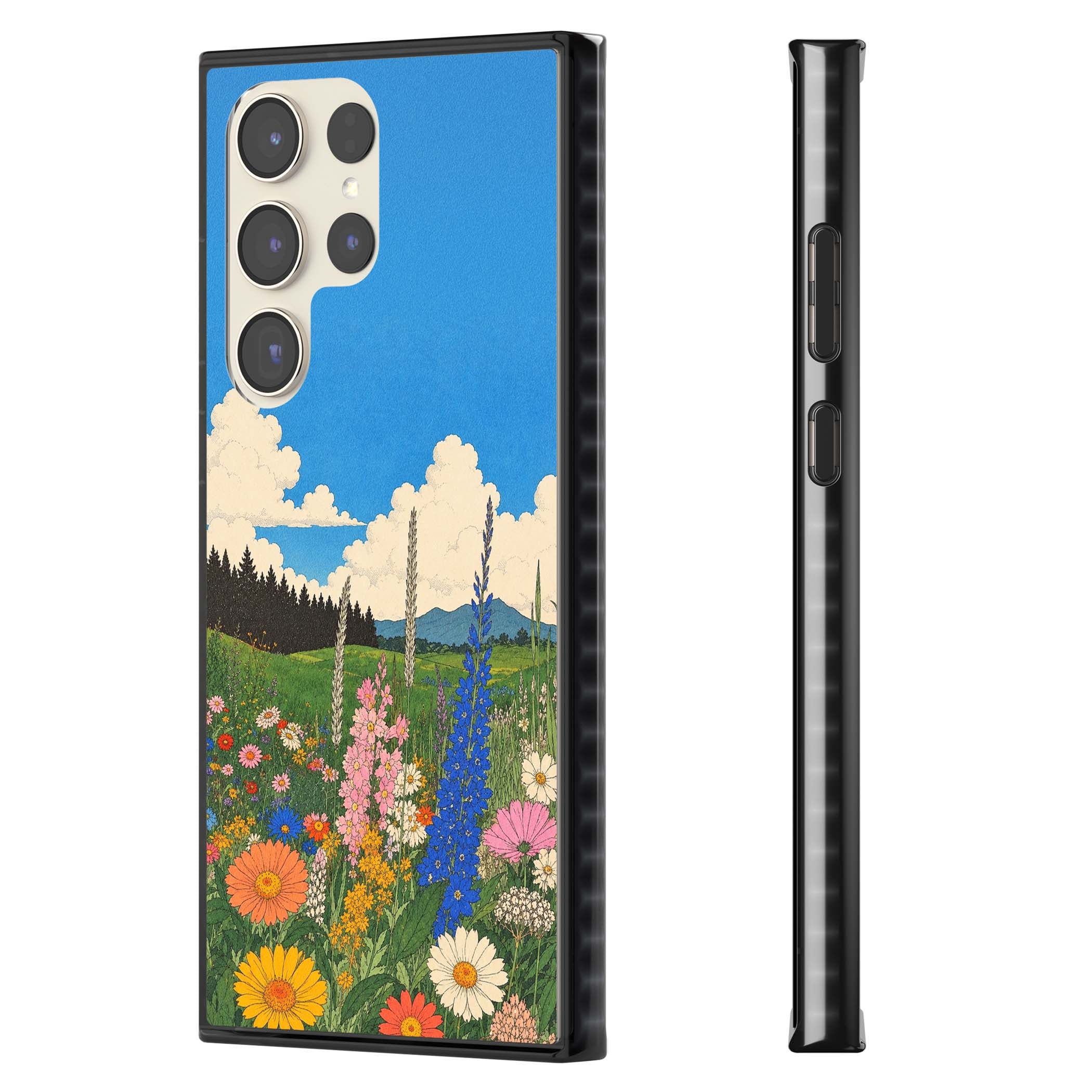 Wildbloom wildflower iPhone case featuring a vintage Japanese-style meadow landscape with daisies, delphiniums and moun | Black Impact case for Samsung Galaxy S24 Ultra, Samsung Galaxy S23 Ultra, Samsung Galaxy S22 Ultra