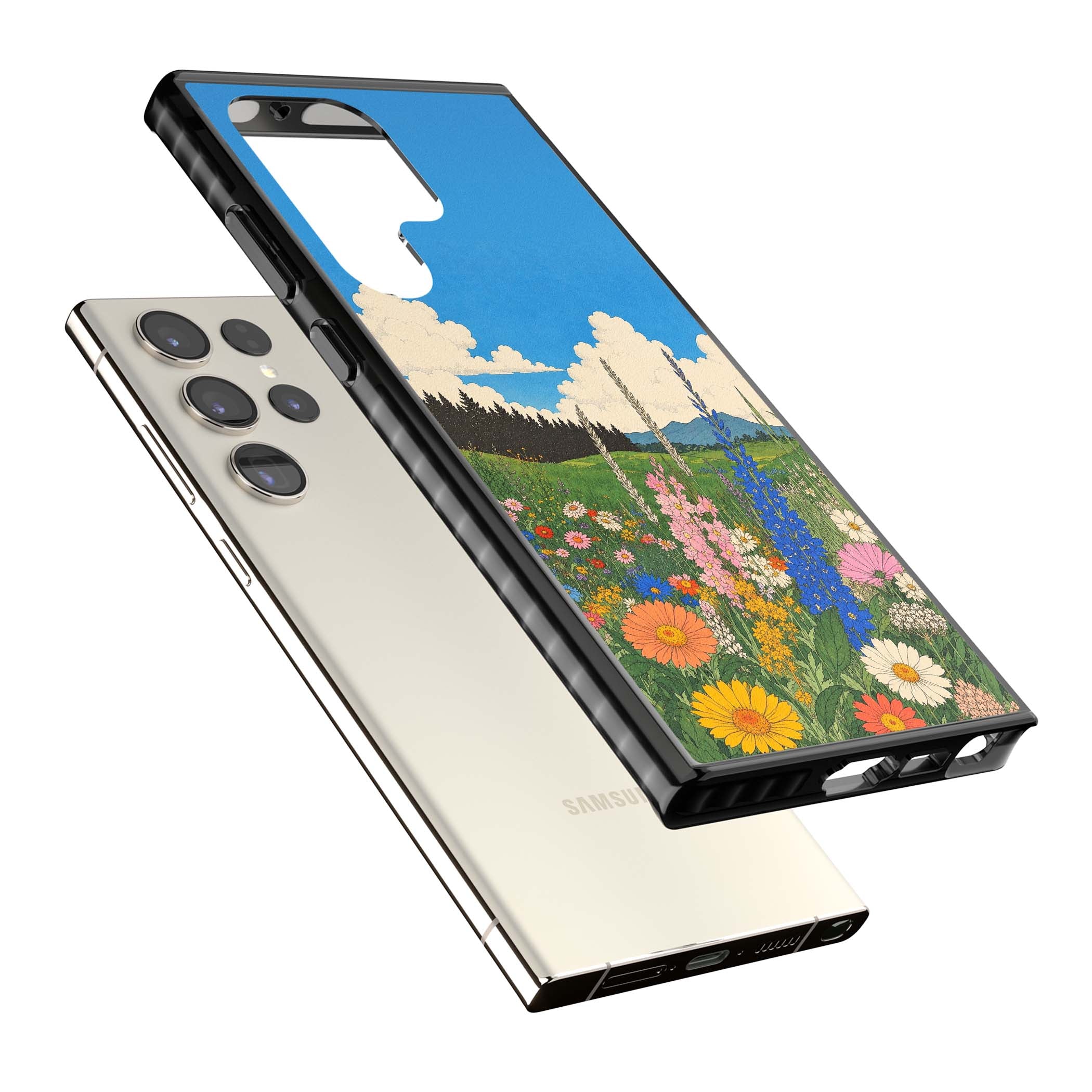 Wildbloom wildflower iPhone case featuring a vintage Japanese-style meadow landscape with daisies, delphiniums and moun | Black Impact case for Samsung Galaxy S24 Ultra, Samsung Galaxy S23 Ultra, Samsung Galaxy S22 Ultra